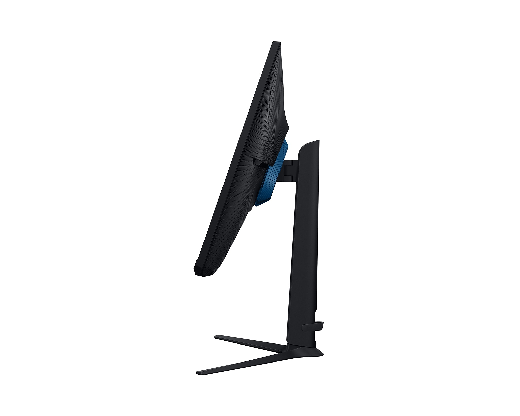 Seitenansicht eines schwarzen Computermonitors mit blauem Scharnier, unterstützt von einem schwarzen Ständer. Weißer Hintergrund.