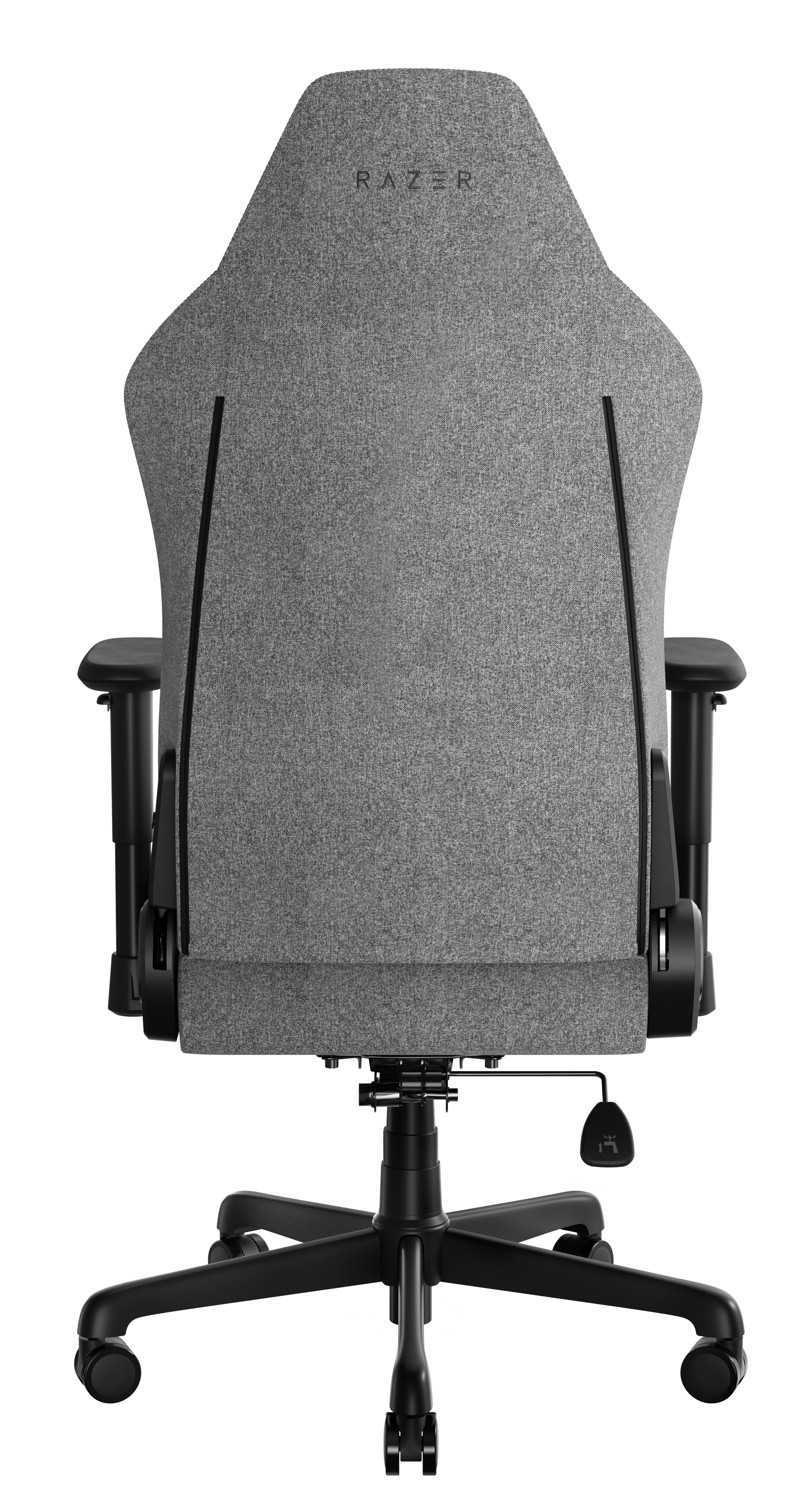 Szary fotel gamingowy Razer widziany z tyłu. Ma materiałowe oparcie i siedzisko, czarne podłokietniki i czarną podstawę z kółkami.