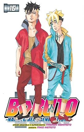 Twee anime-personages staan samen. De ene draagt rood, de andere blauw. Titel: Boruto: Naruto Next Generations.