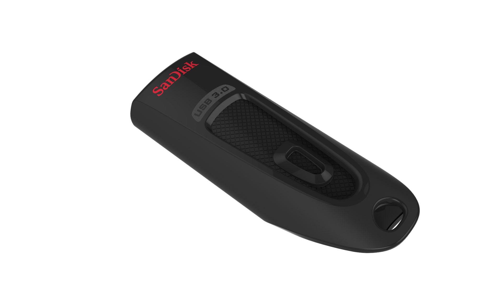 Ein schwarzer USB-Stick mit dem roten SanDisk-Logo und USB 3.0-Text auf weißem Hintergrund.