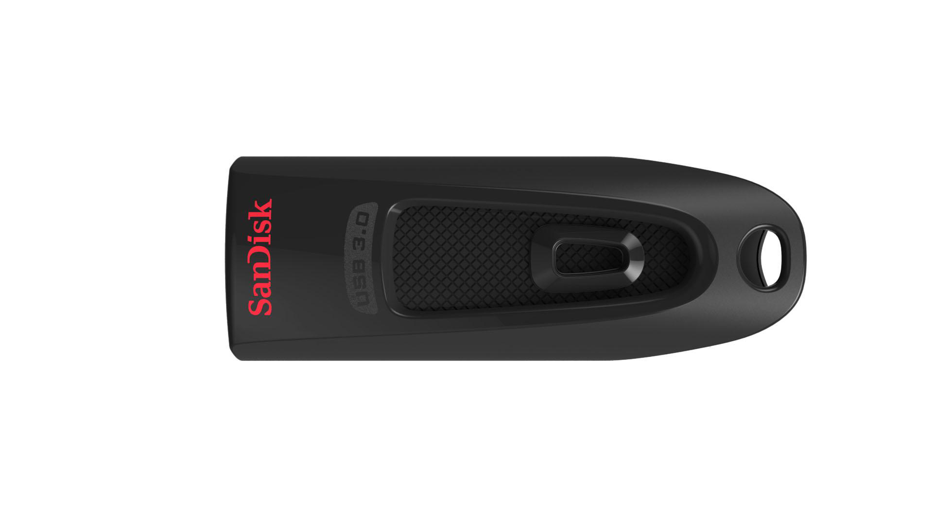 Ein schwarzer SanDisk USB 3.0-Stick mit rotem Markennamen vor weißem Hintergrund.