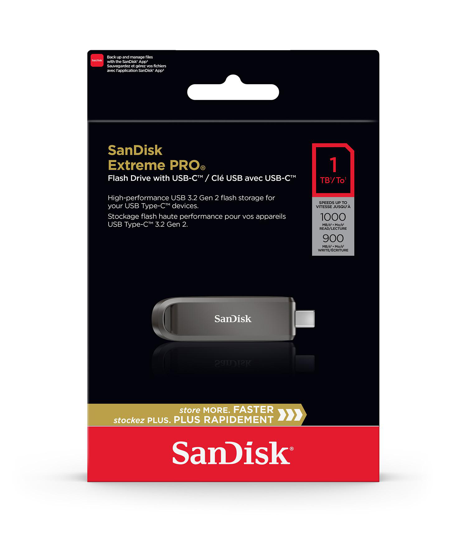 SanDisk Extreme PRO USB-Laufwerk-Paket. Es zeigt das Produkt, Spezifikationen und Branding-Elemente wie das SanDisk-Logo.