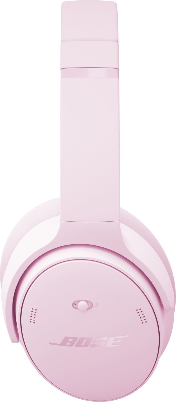 Casque Bose rose. Le casque est sur fond blanc. Les écouteurs sont ronds. Le nom de la marque est visible.