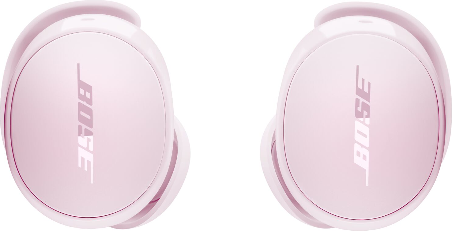 Due auricolari Bose rosa su sfondo bianco. Ogni auricolare ha il logo Bose. Il design è moderno ed elegante.