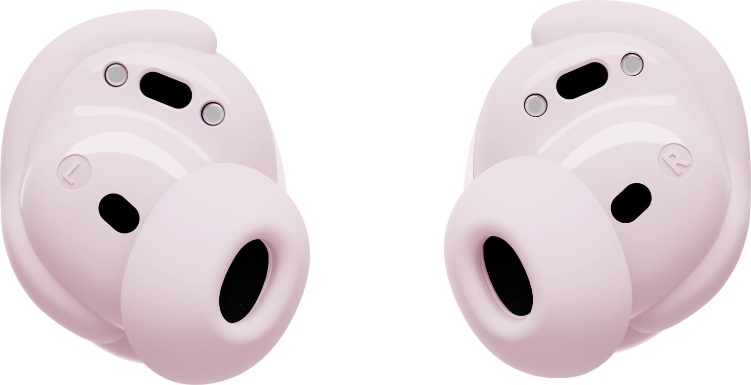 Due auricolari wireless rosa. Ognuno ha un corpo principale e una piccola punta per l'orecchio. L'auricolare sinistro ha una "L" e il destro una "R".