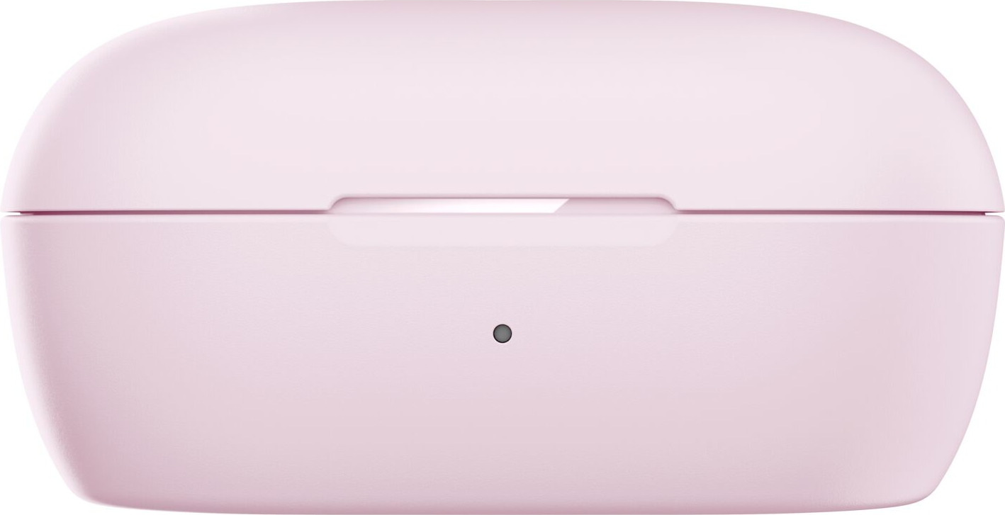 Una custodia di ricarica per auricolari rosa chiaro e arrotondata. Ha un piccolo cerchio scuro sul davanti, forse una spia.