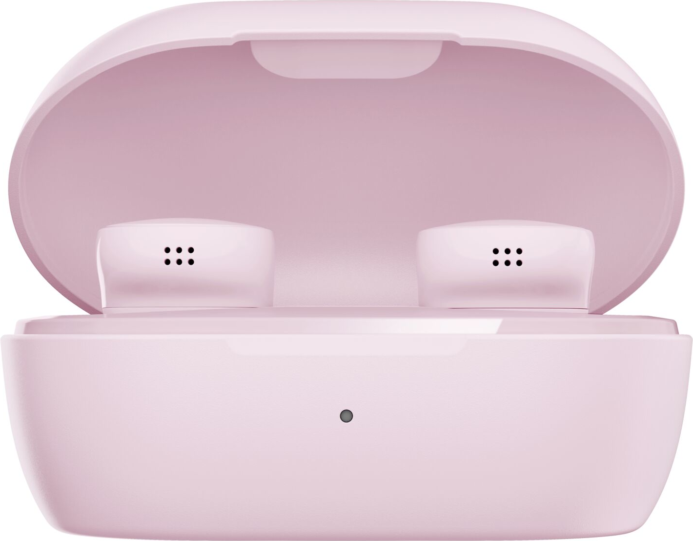 Auricolari wireless rosa in una custodia aperta abbinata. La custodia ha una forma arrotondata. Gli auricolari sono visibili all'interno, con piccoli fori.