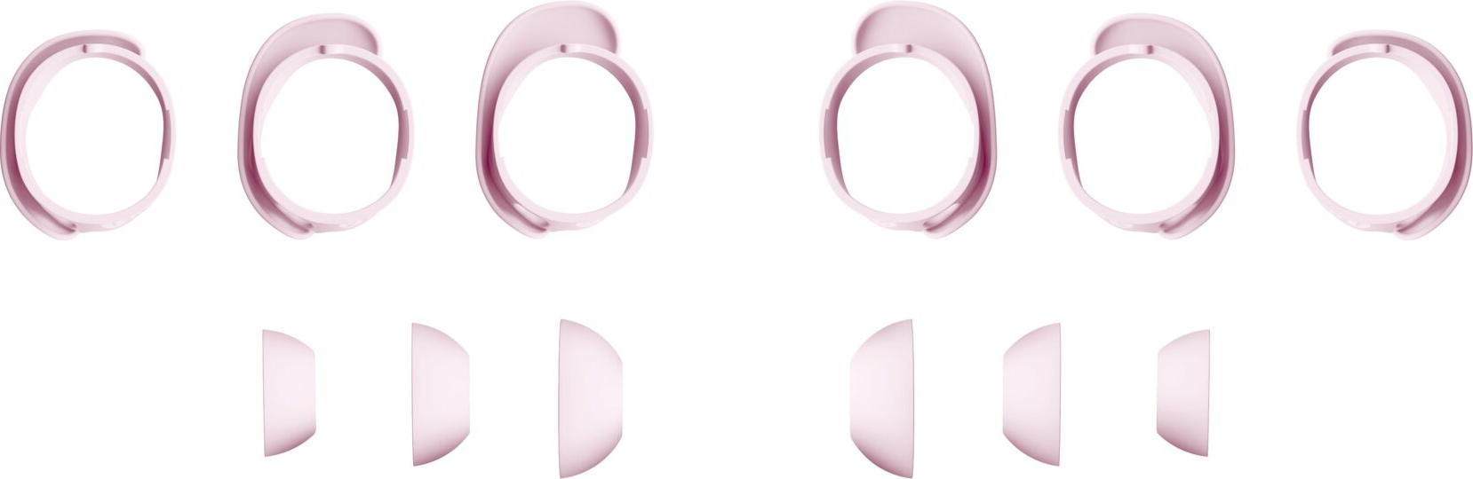 L'immagine mostra parti rosa dell'auricolare, inclusi anelli e auricolari, su uno sfondo bianco semplice.