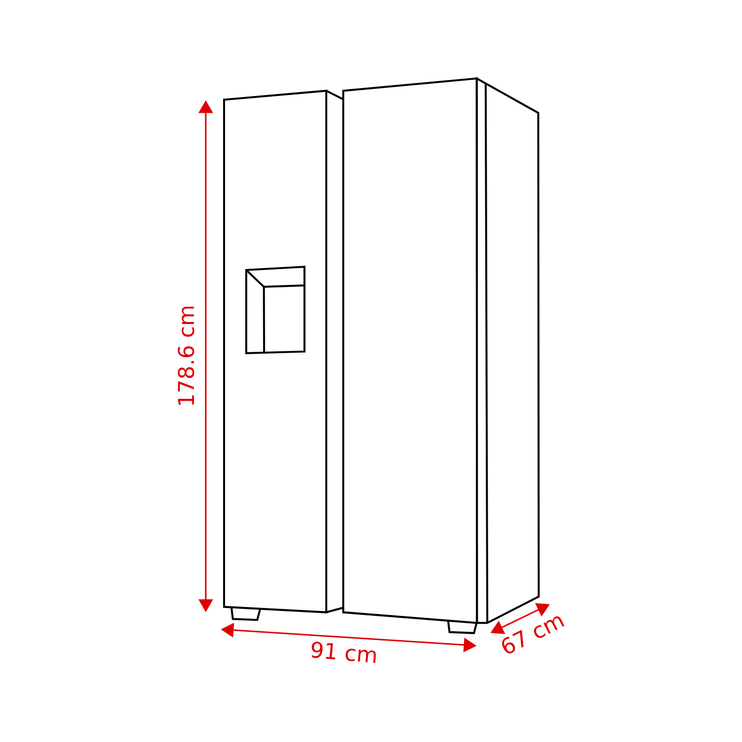 Diagram of a refrigerator with dimensions. It is 178.6 cm high, 91 cm wide and 67 cm deep. Has a water dispenser.