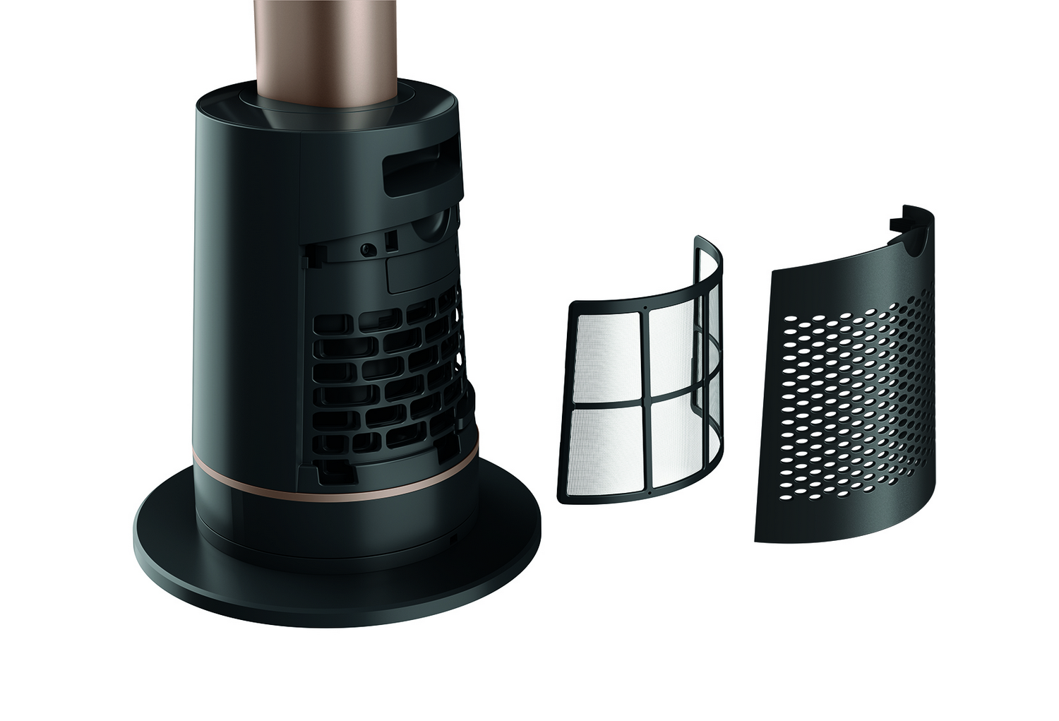 Un ventilador negro con detalles cobrizos, desmontado. Las piezas incluyen el cuerpo del ventilador, un filtro y una cubierta perforada.