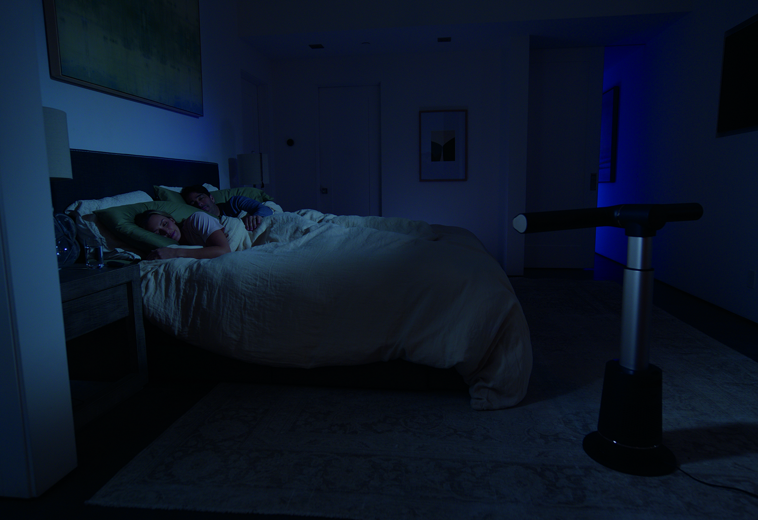Una pareja duerme en un dormitorio con poca luz. Una lámpara y una mesita de noche son visibles. Un purificador de aire moderno está en primer plano.