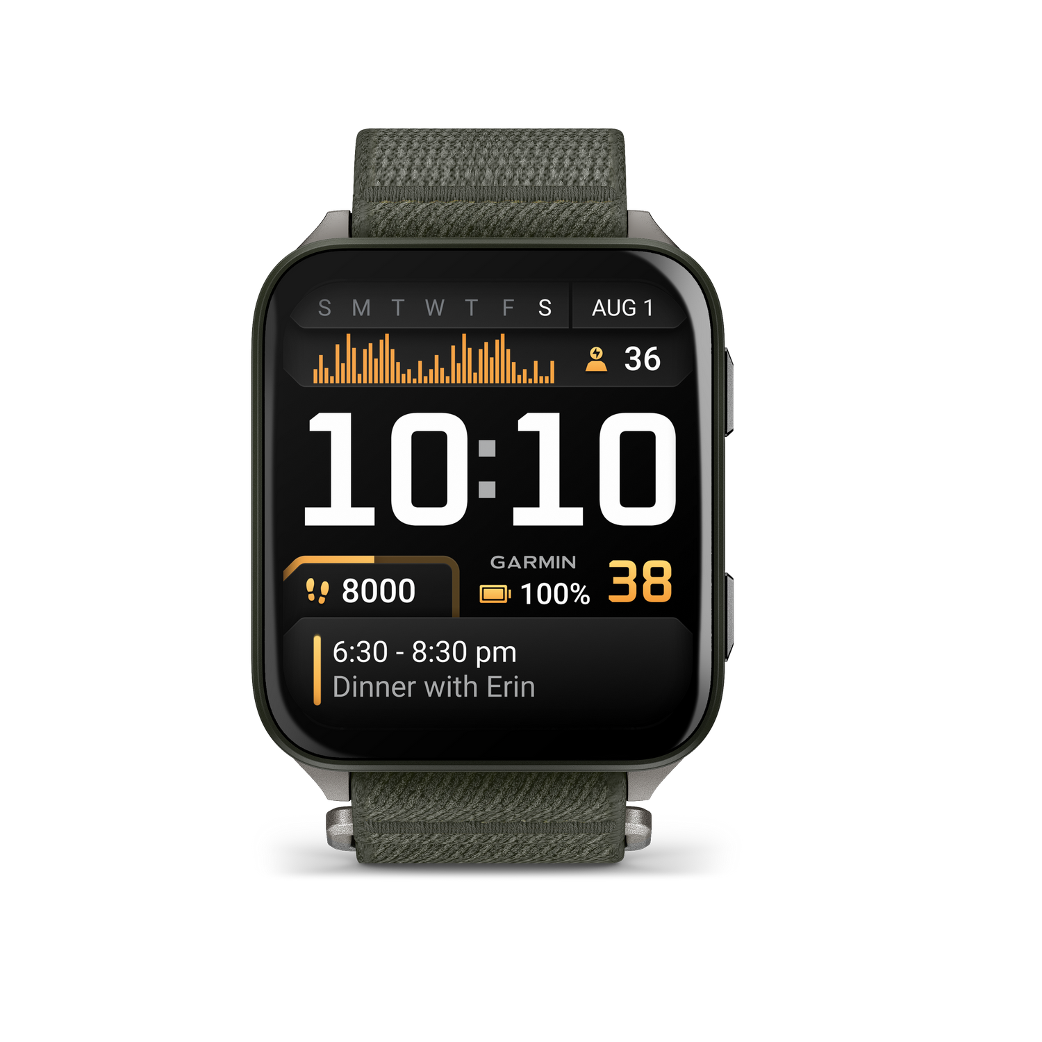 Un reloj inteligente Garmin muestra la hora 10:10, la fecha 1 de agosto y métricas de salud sobre un fondo gris.