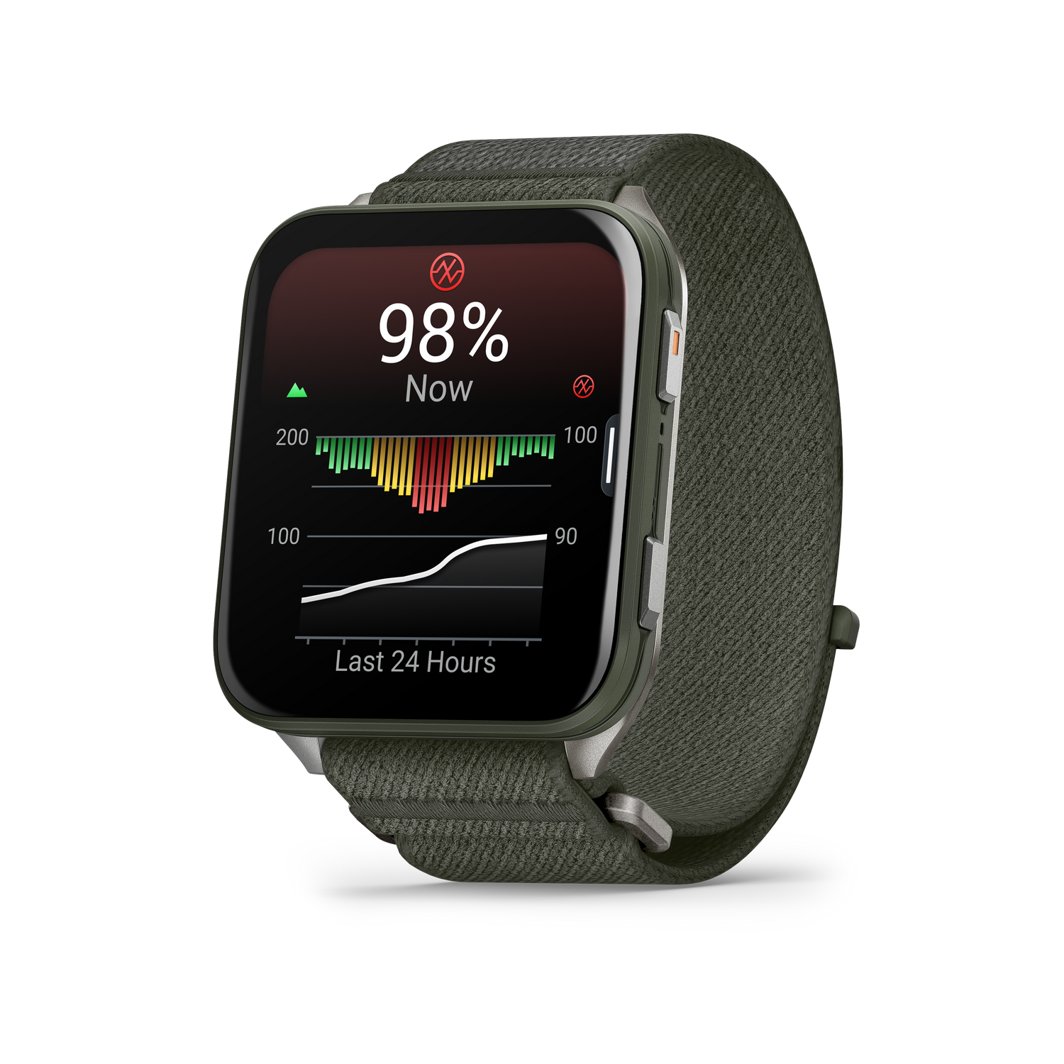Un reloj inteligente que muestra una métrica de salud del 98%. Tiene una correa de tela verde y una pantalla negra con un gráfico de las últimas 24 horas.
