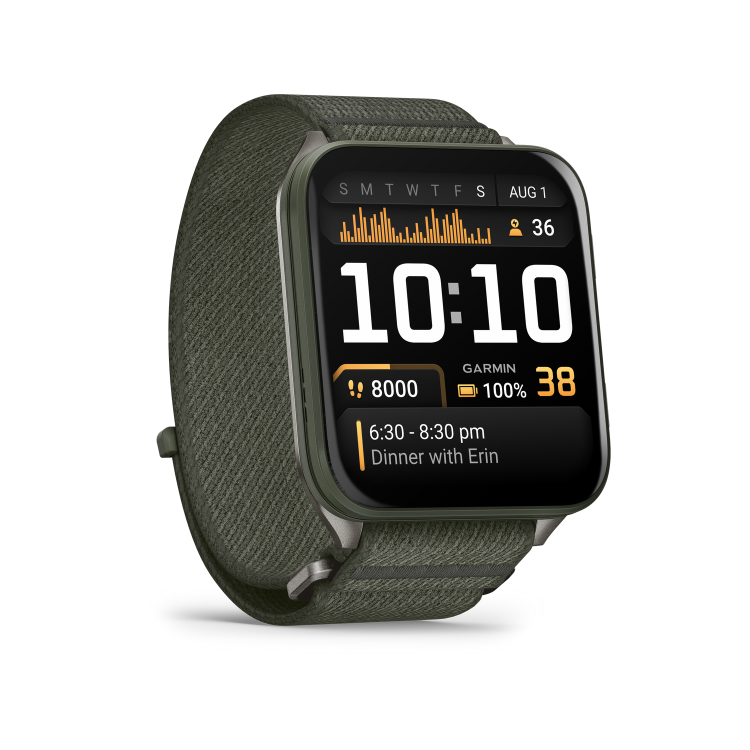 Un reloj inteligente muestra la hora 10:10, la fecha 1 de agosto y otras métricas de fitness. El reloj tiene una correa verde y una pantalla negra.