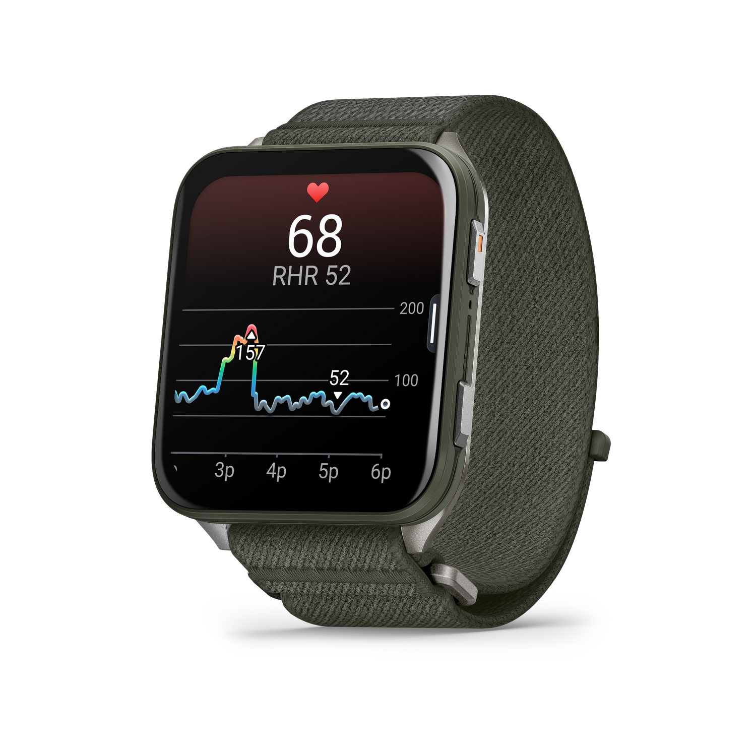 Reloj inteligente muestra frecuencia cardíaca 68, RHR 52 y un gráfico. El reloj tiene una correa verde y fondo gris oscuro.