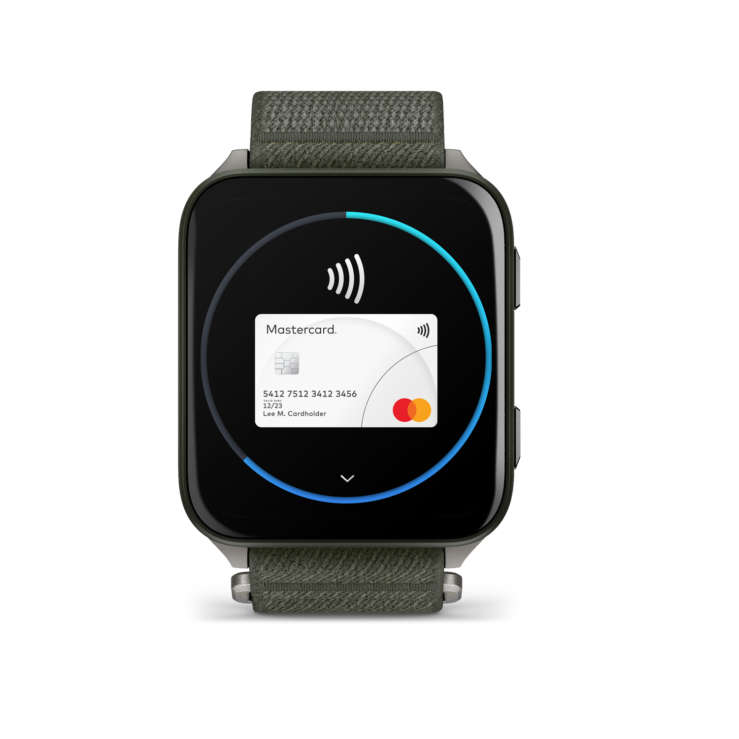 Reloj inteligente con Mastercard en pantalla, mostrando detalles de la tarjeta y símbolo de pago sin contacto. Correa y cuerpo del reloj verde oliva.