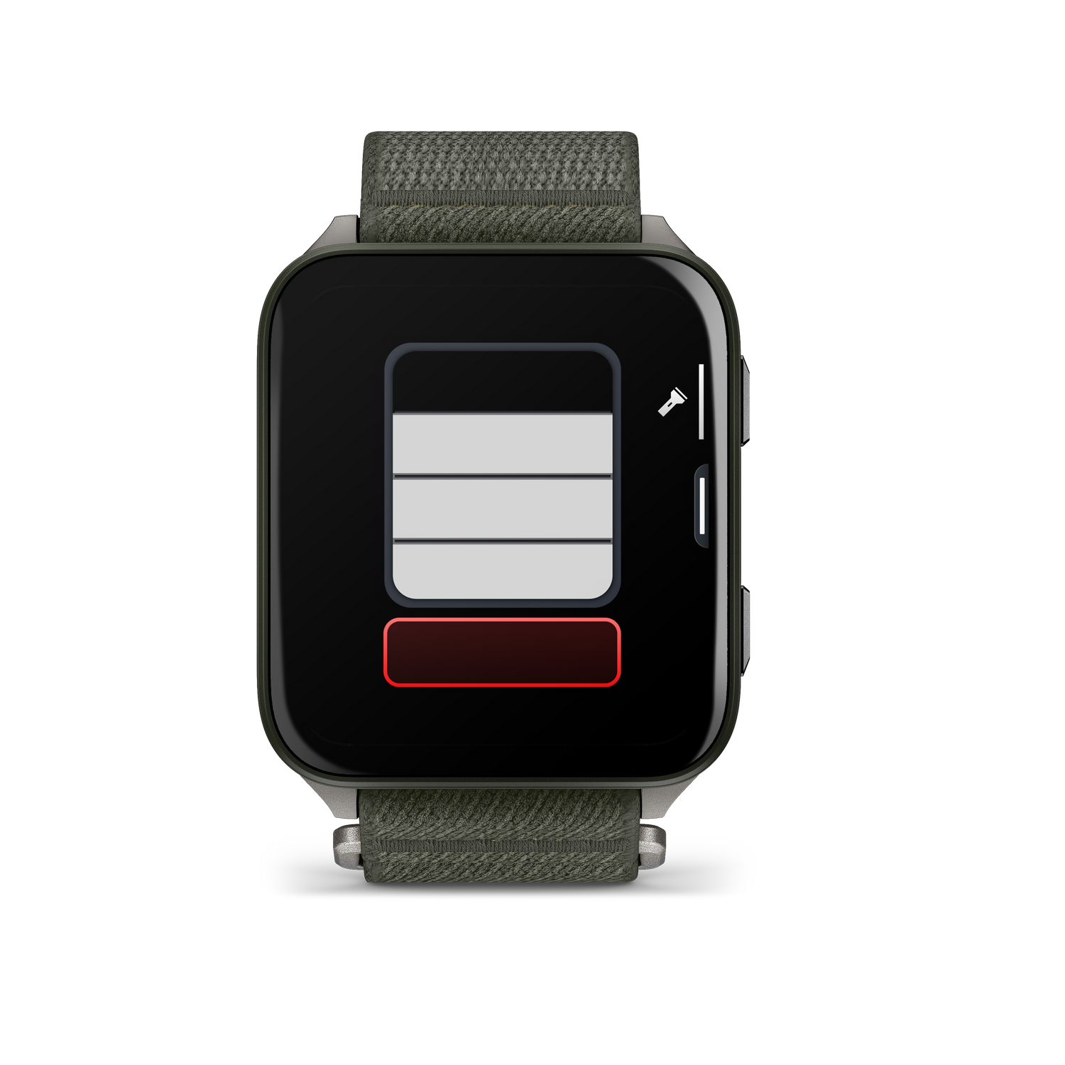 Un reloj inteligente muestra un icono de batería baja. El reloj tiene una correa verde y una pantalla negra. El fondo es gris.