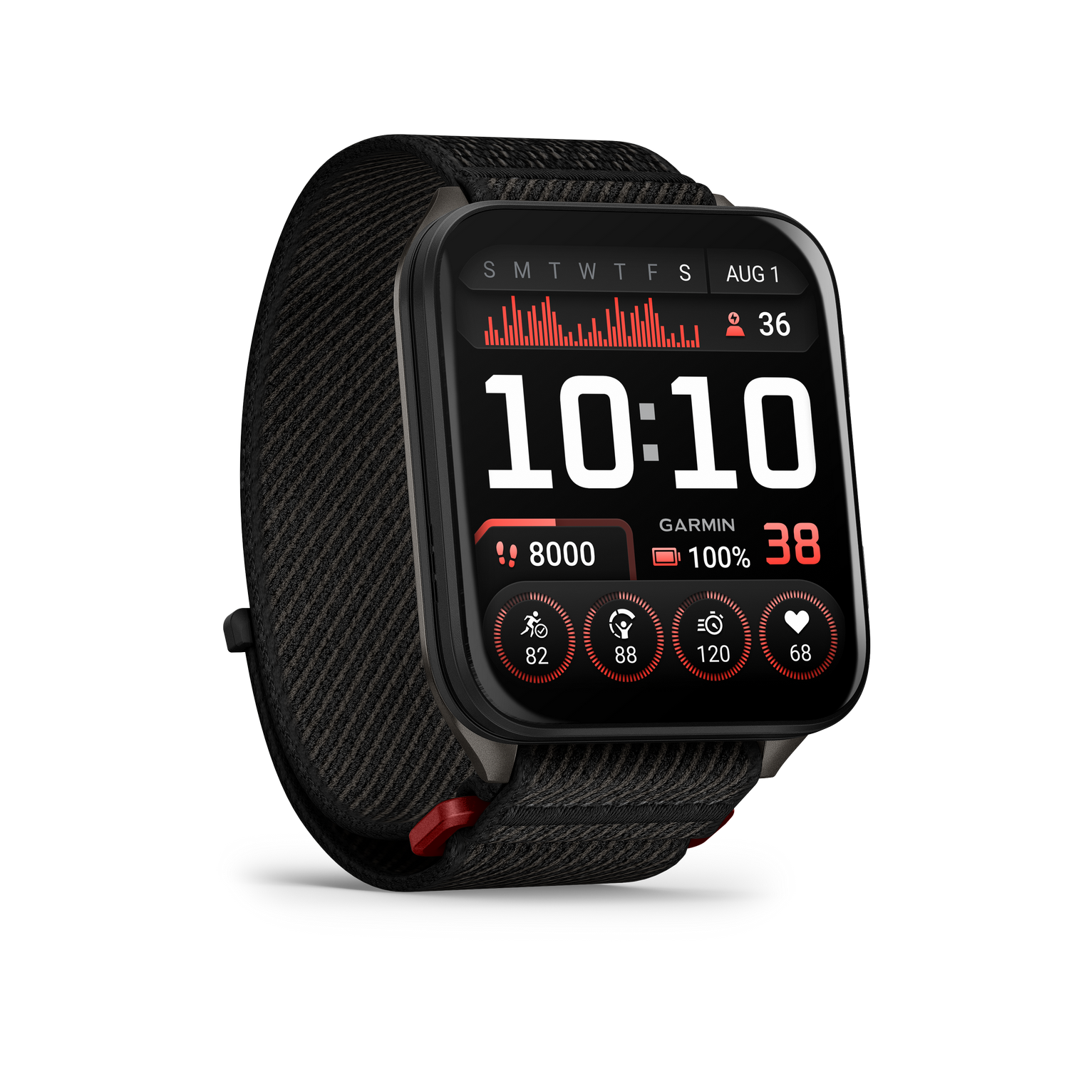 Un reloj inteligente muestra la hora 10:10, pasos 8000, frecuencia cardíaca 68. Tiene una correa negra con acentos rojos y fondo gris.