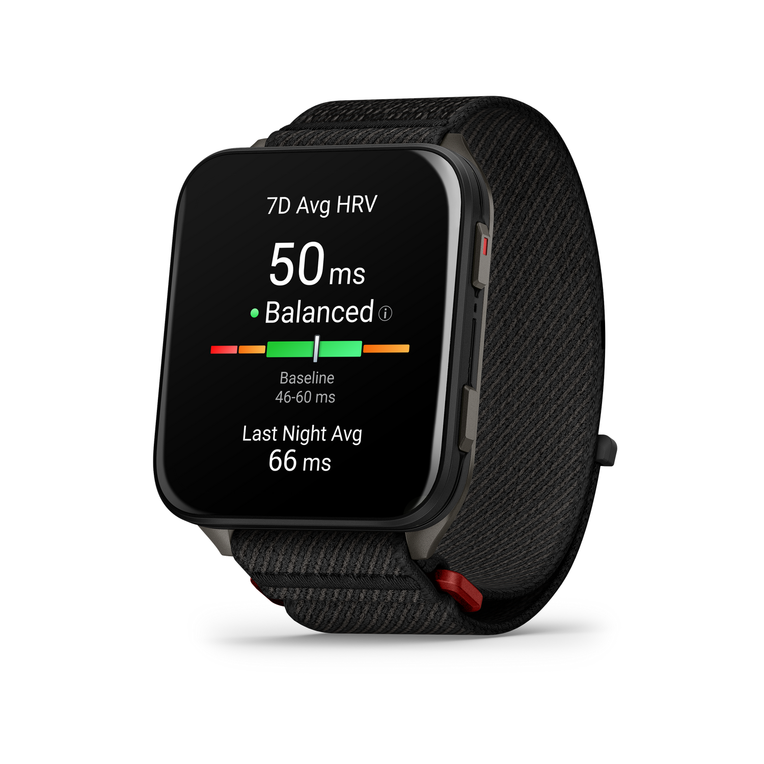 Un reloj inteligente muestra datos de HRV: 50ms, equilibrado. El reloj tiene una correa de tela negra, con un botón rojo lateral. El fondo es gris.
