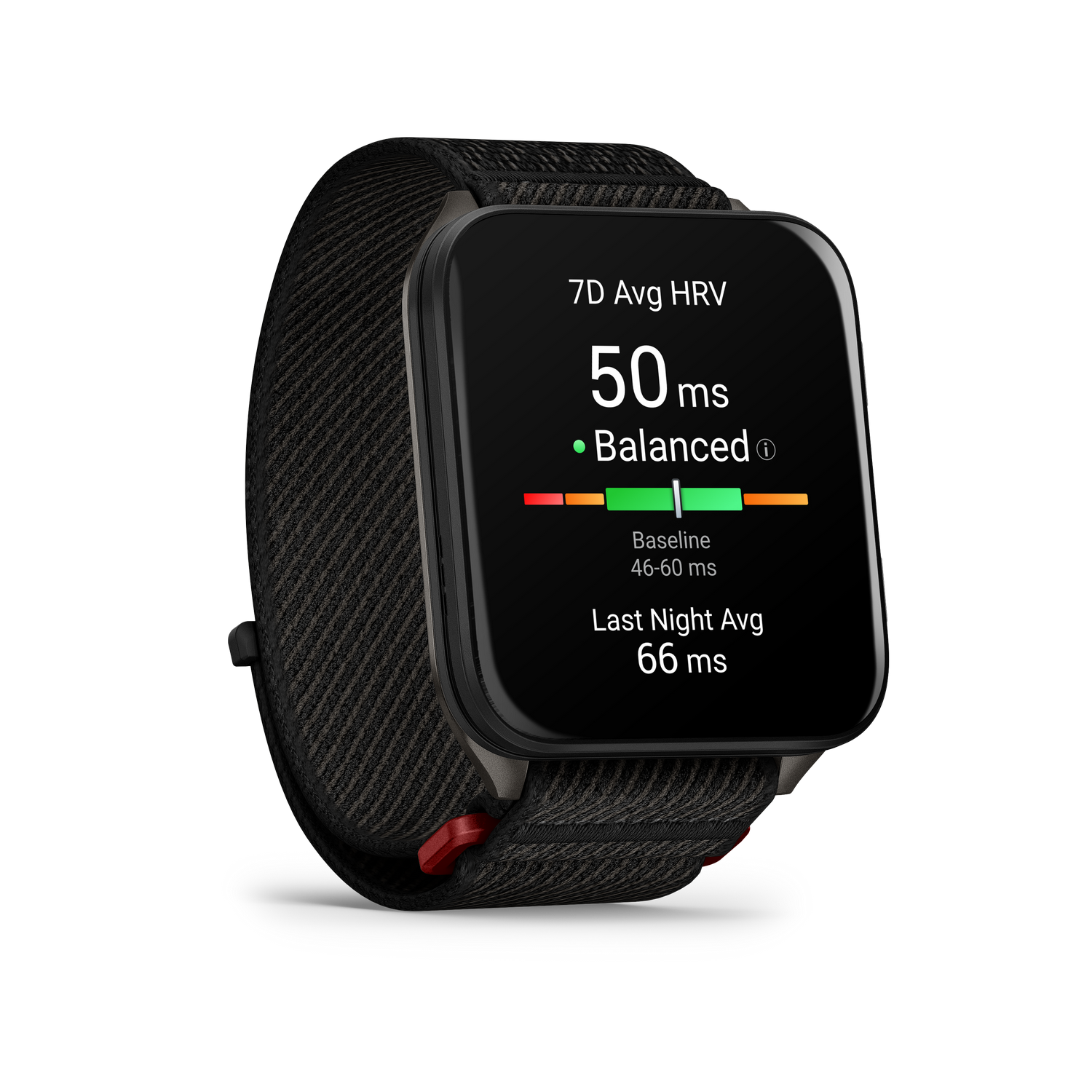 Un smartwatch muestra 50 ms, VFC equilibrada. La correa es de tela negra. El fondo es gris.