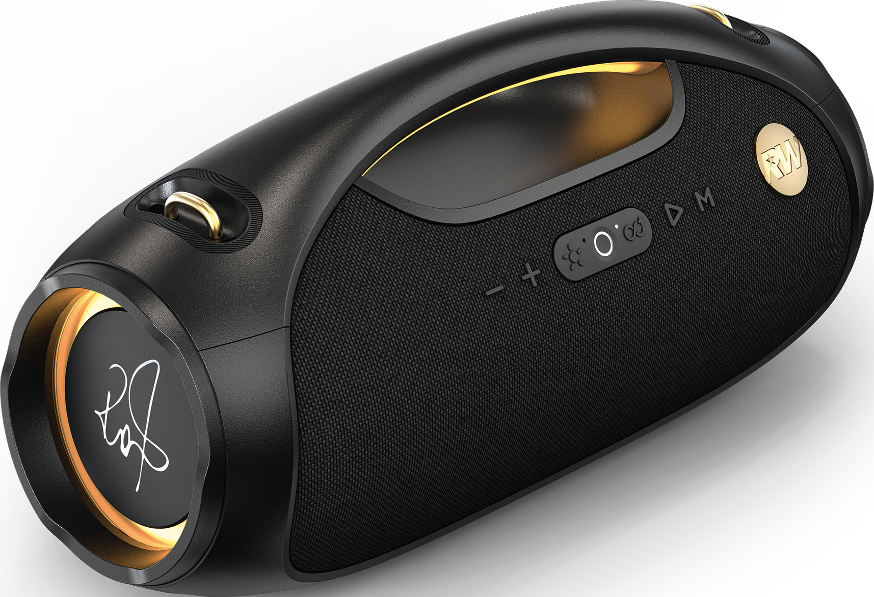 Haut-parleur portable noir avec des accents dorés. Il a une signature sur le côté, ainsi que des boutons de contrôle. Le fond est sombre.