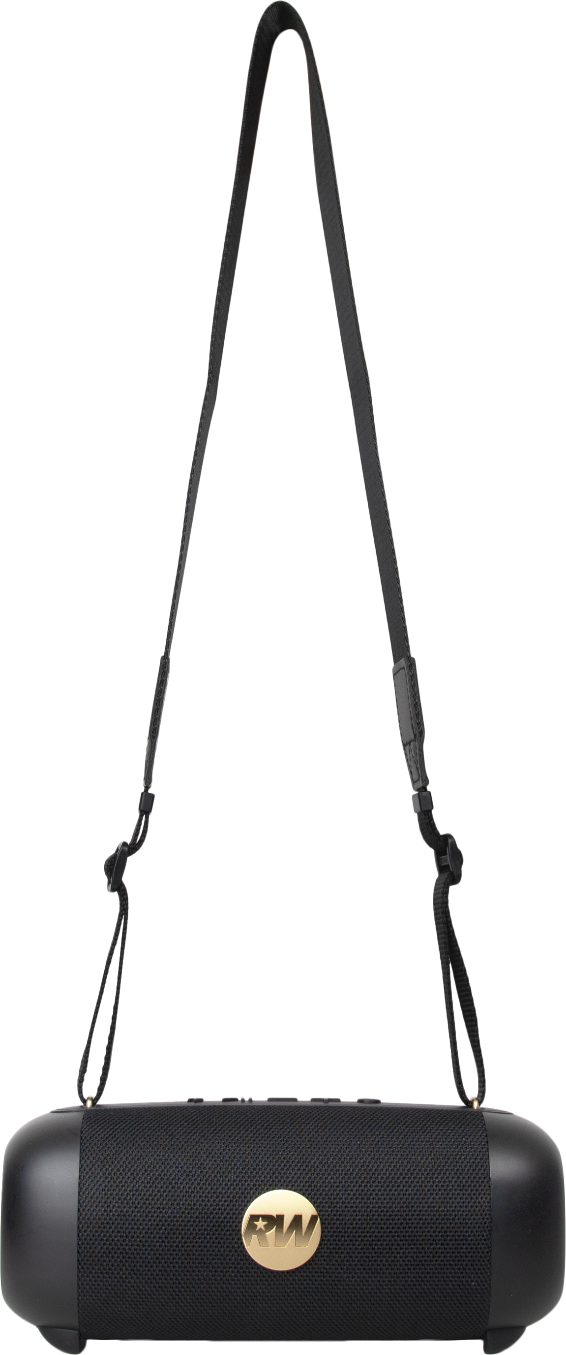 Haut-parleur cylindrique noir avec une sangle. Logo doré sur le devant. Fond noir.