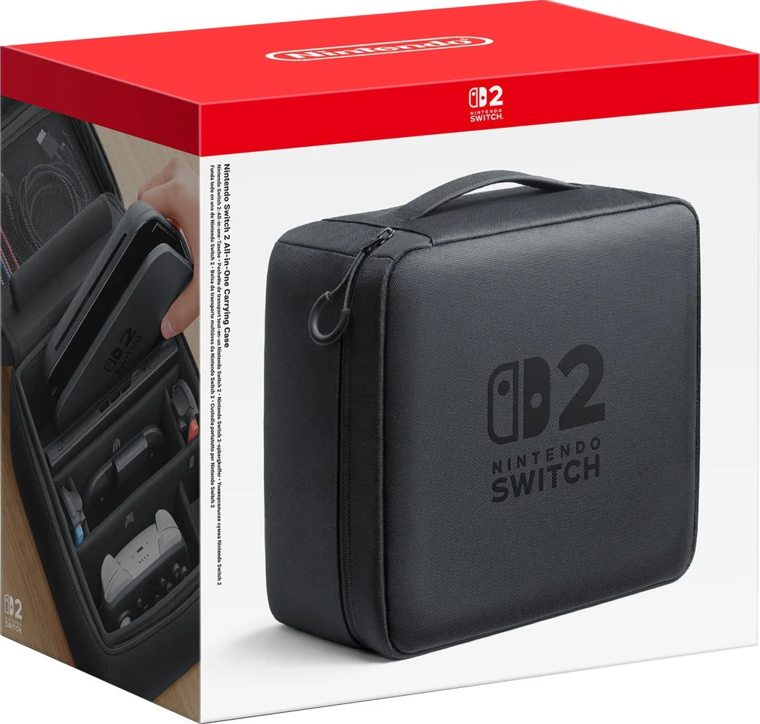 Schwarze Nintendo Switch 2 Tragetasche mit Griff und Reißverschluss. Die Box zeigt die Tasche in Verwendung, mit Switch, Controllern und Zubehör.