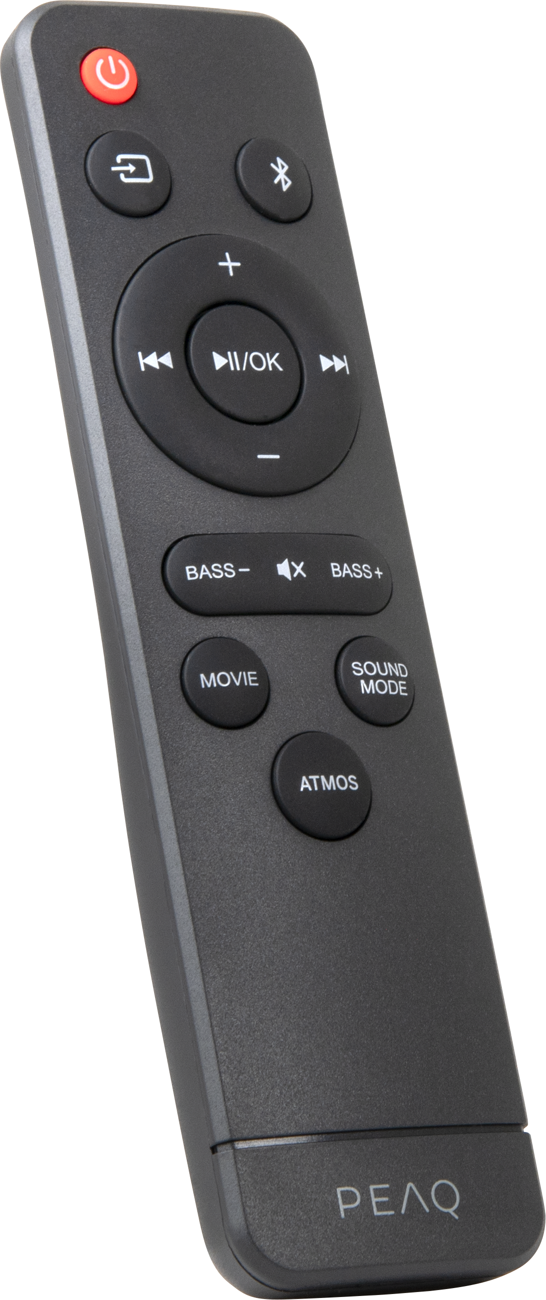 Un telecomando grigio scuro con vari pulsanti, tra cui accensione, Bluetooth, volume e impostazioni audio.