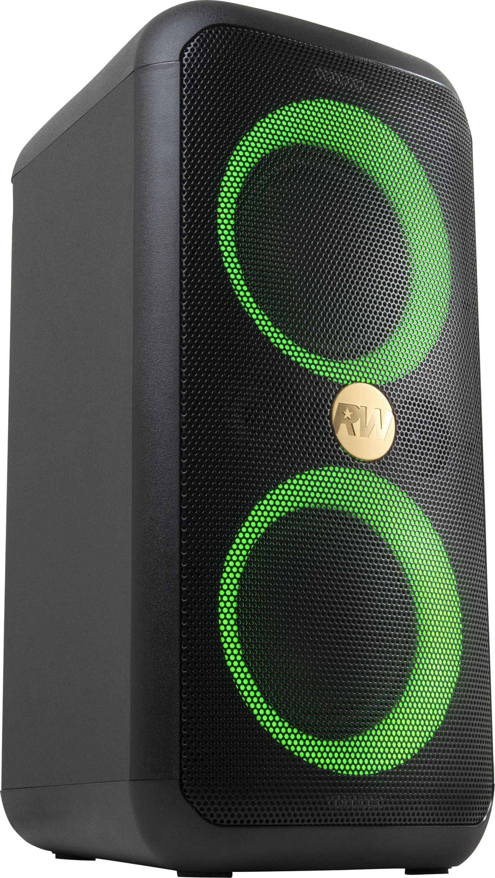 Haut-parleur noir avec des anneaux verts lumineux. L'avant du haut-parleur est en mesh avec deux lumières circulaires. Un logo doré est centré.
