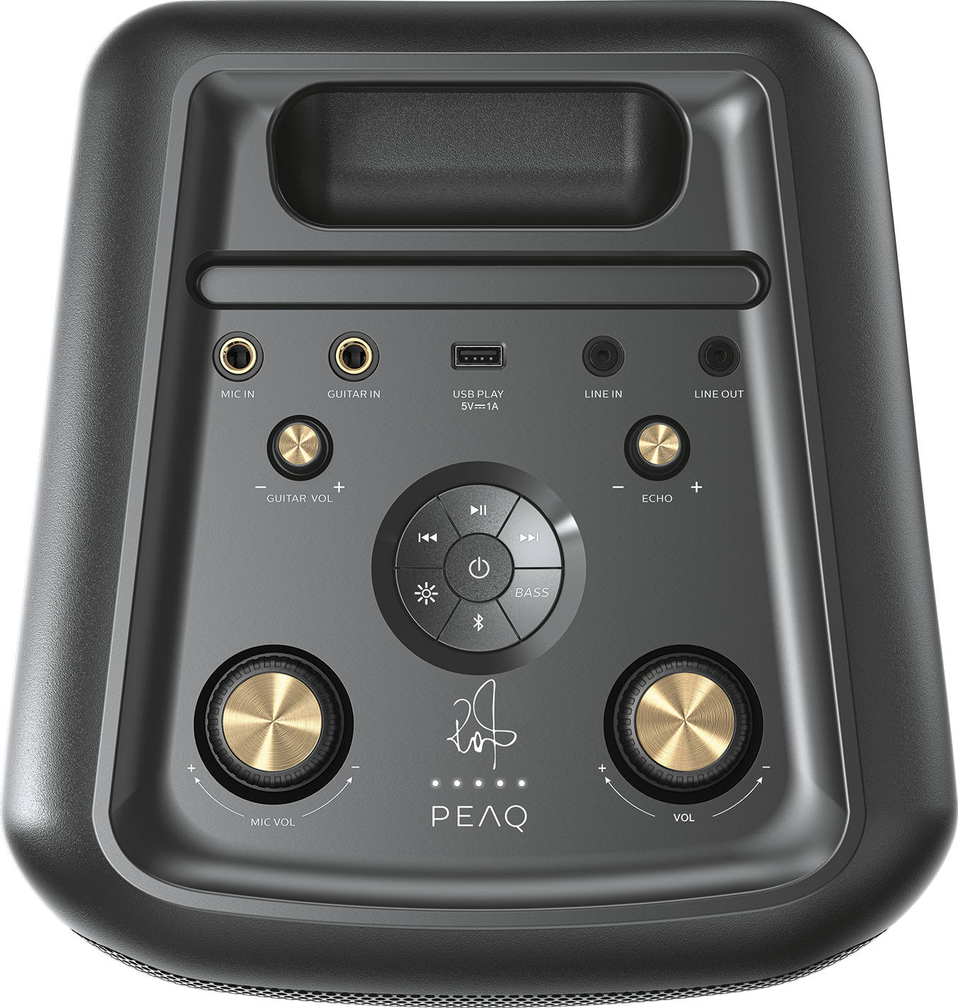 Gros plan sur un panneau de contrôle de haut-parleur noir avec des boutons dorés et des ports d'entrée, dont micro, guitare, ligne in/out, USB et commandes de volume.