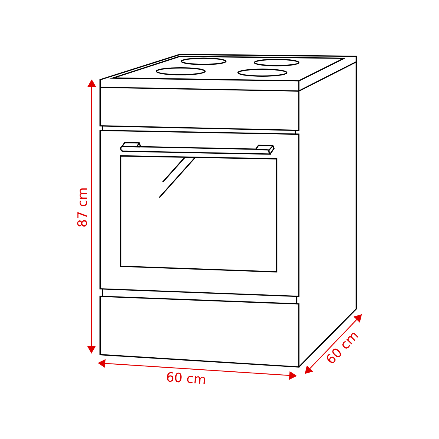Een schema van een fornuis. Het heeft vier branders bovenop, een ovendeur en afmetingen van 60x60x87 cm zijn aangegeven.