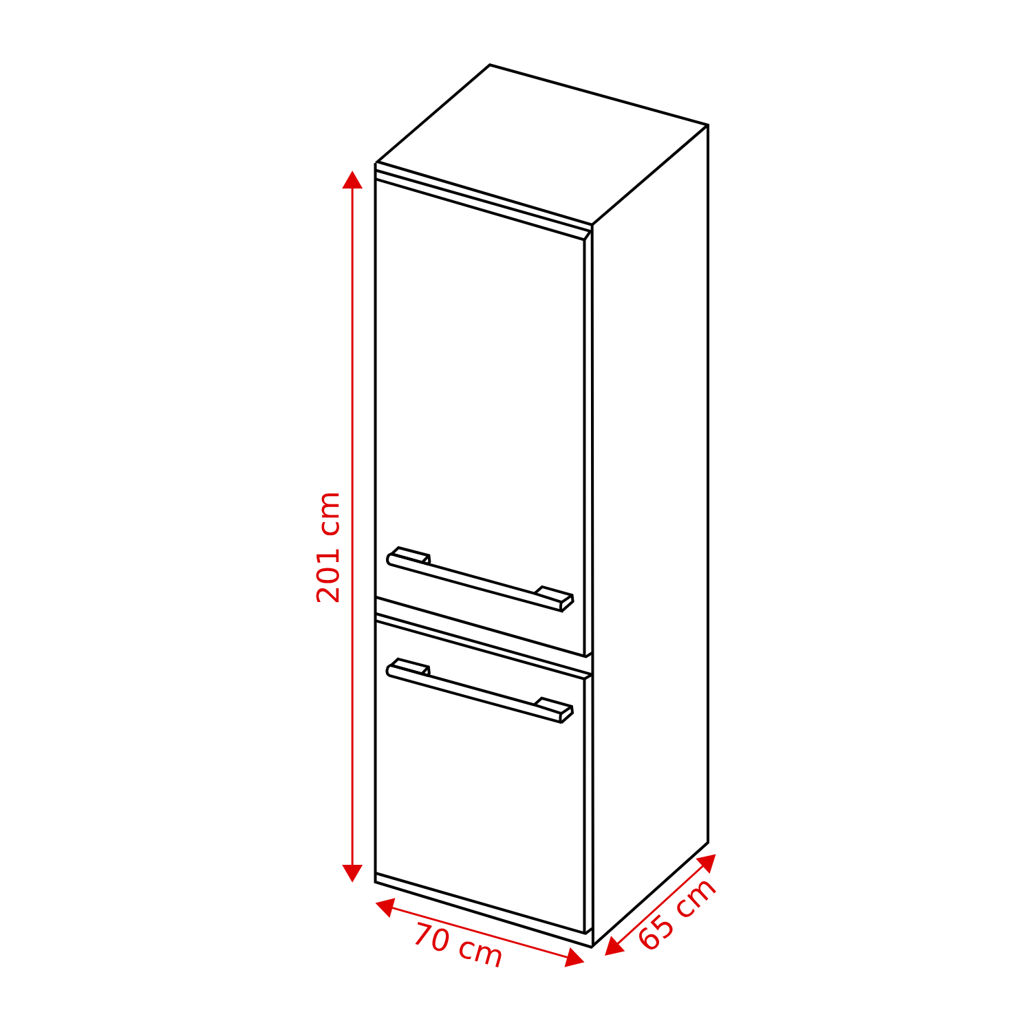 A diagram of a white cabinet with dimensions labeled: 201 cm high, 70 cm wide, and 65 cm deep. Includes two drawers.