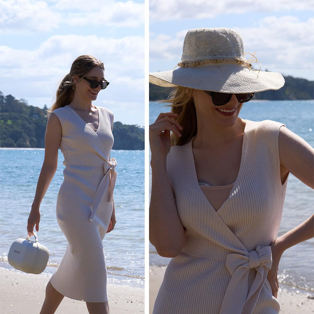 Frau in beigem Kleid, Sonnenbrille und Hut geht am Strand und trägt eine kleine Tasche. Meer und Himmel im Hintergrund.