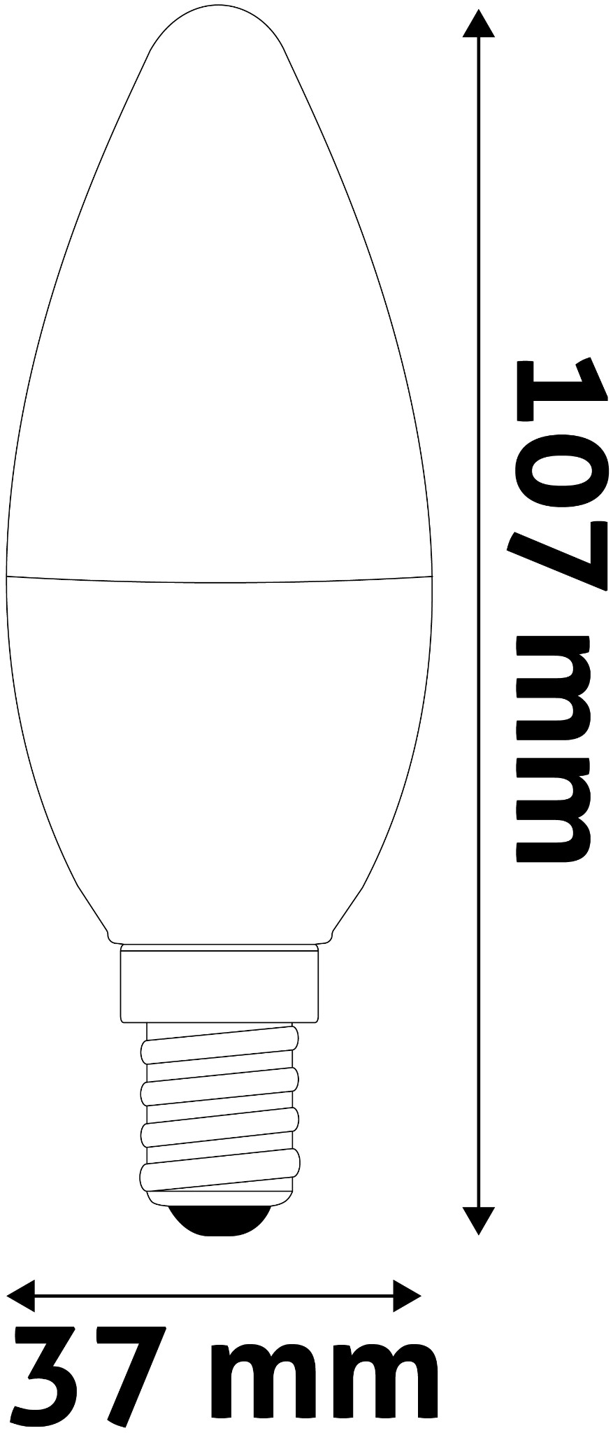 Egy izzó diagramja méretekkel. 107 mm magas és 37 mm széles. Maga az izzó fehér, csavaros alappal.