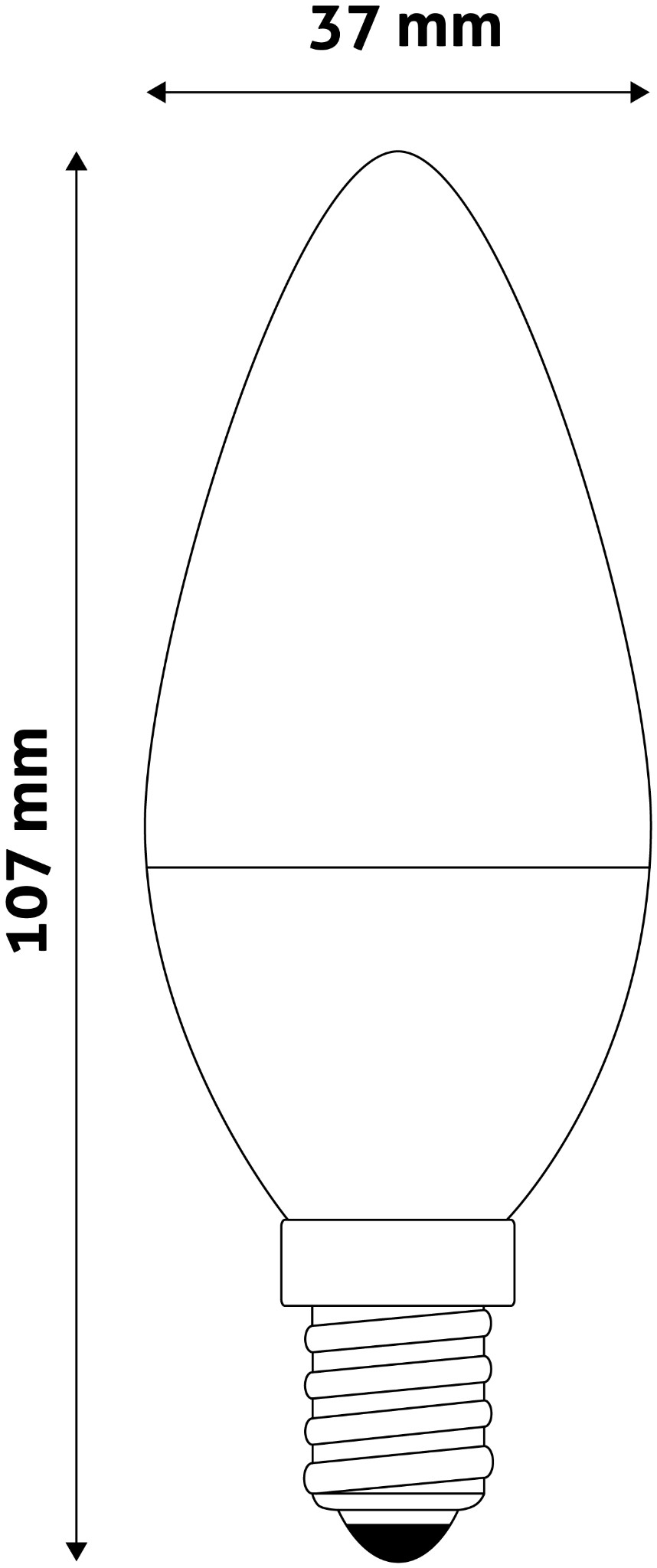 Egy fekete-fehér diagram egy villanykörtéről. A villanykörte 107 mm hosszú és 37 mm széles.