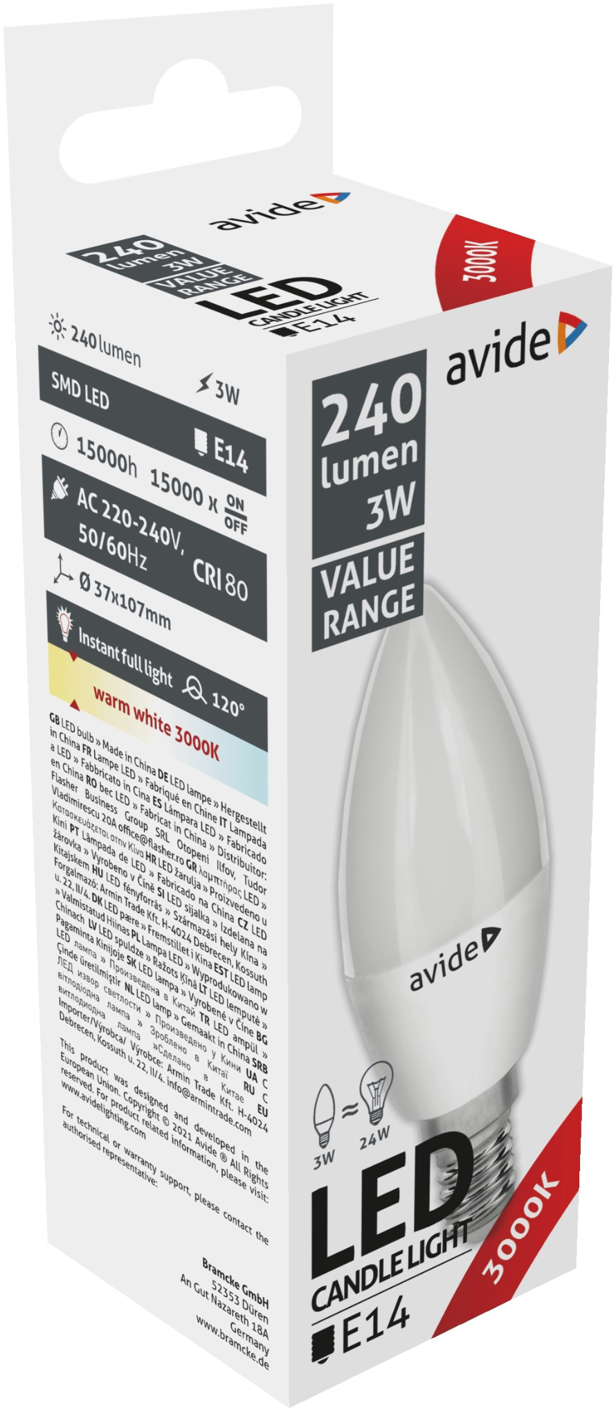 Avide LED gyertyafény izzó doboz. 240 lument, 3W-ot, E14-et és meleg fehér 3000K-t jelez.