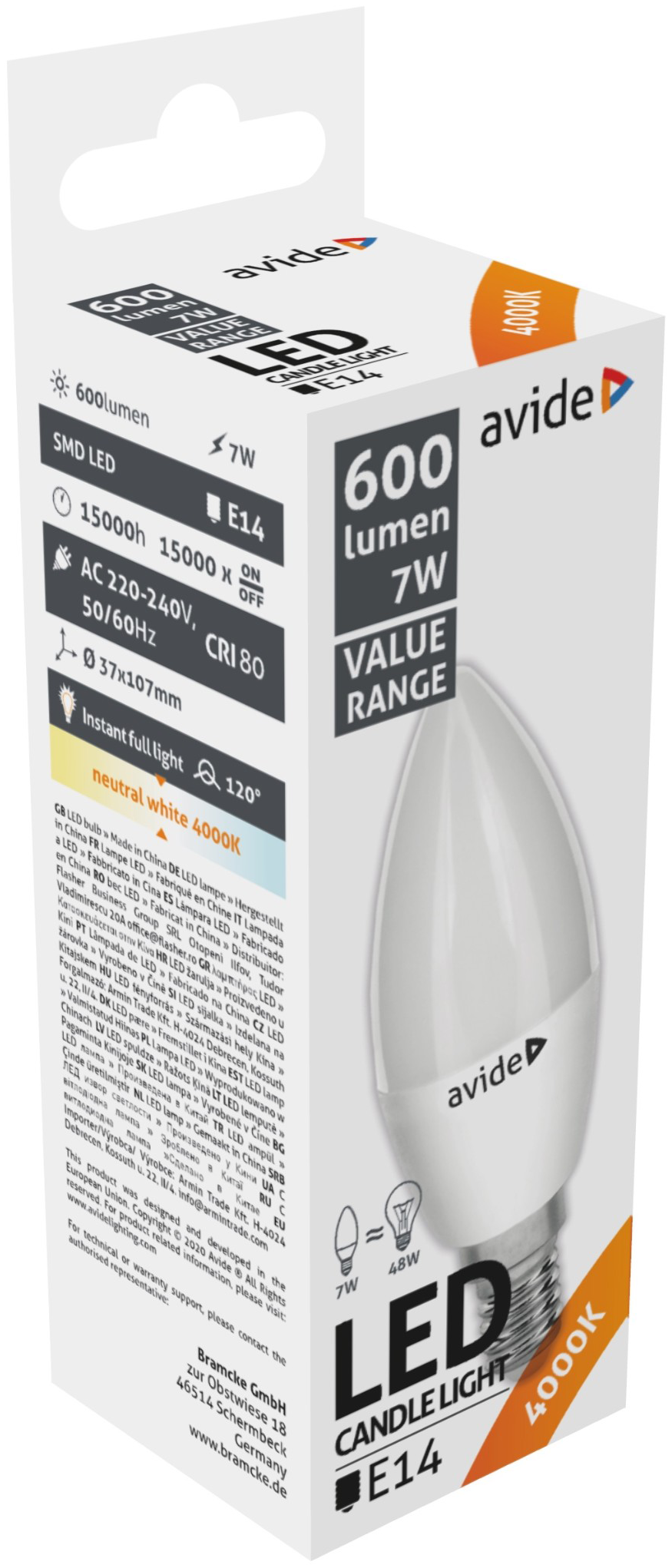 Egy fehér LED gyertyafényű izzó doboza. Olyan specifikációkkal rendelkezik, mint a 600 lumen, 7W és 4000K. A márka az Avide.