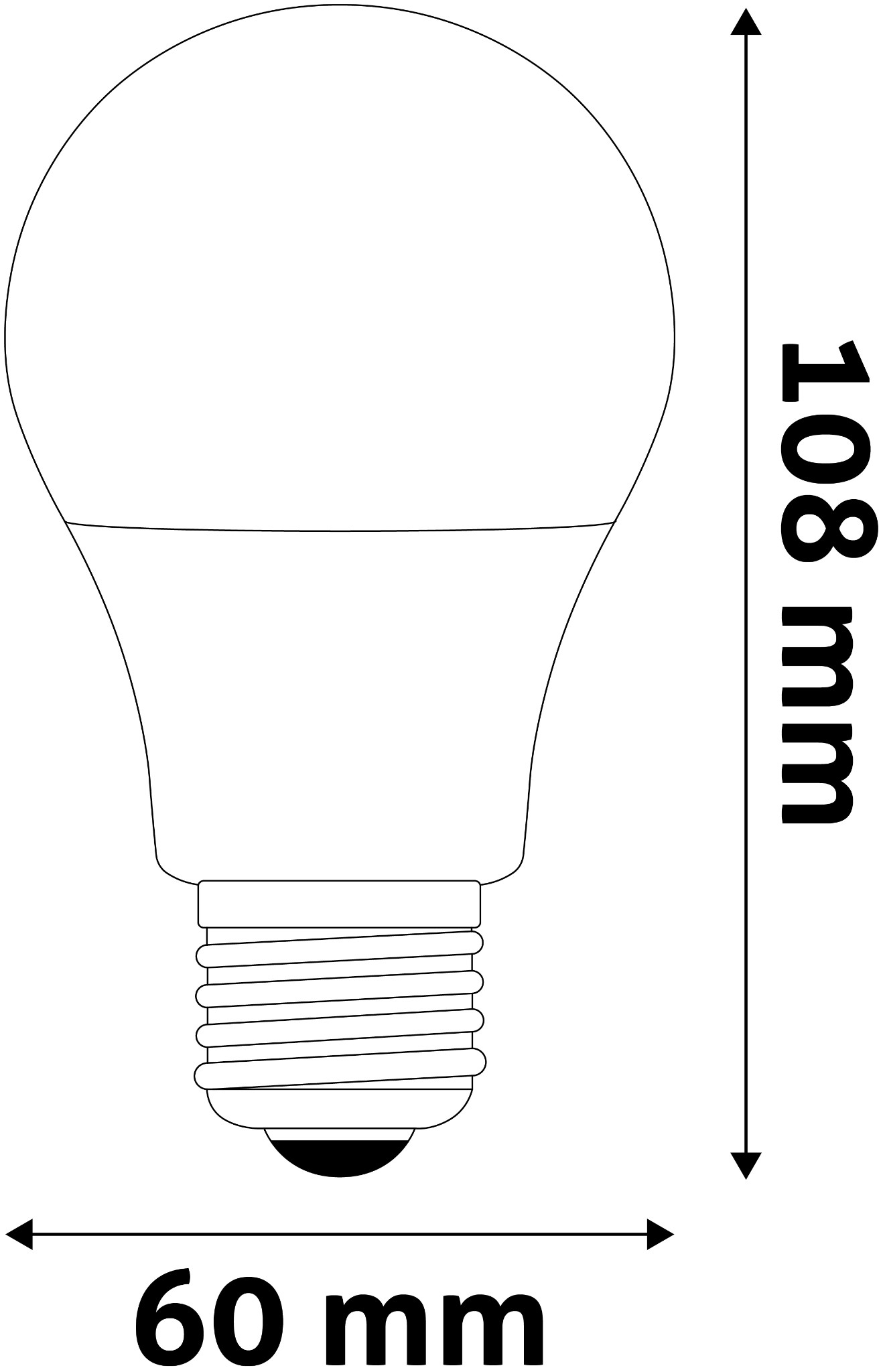 Egy izzó vonalas rajza. Méretek: 60 mm széles és 108 mm magas. Fekete nyilak és szöveg jelzik a méreteket.