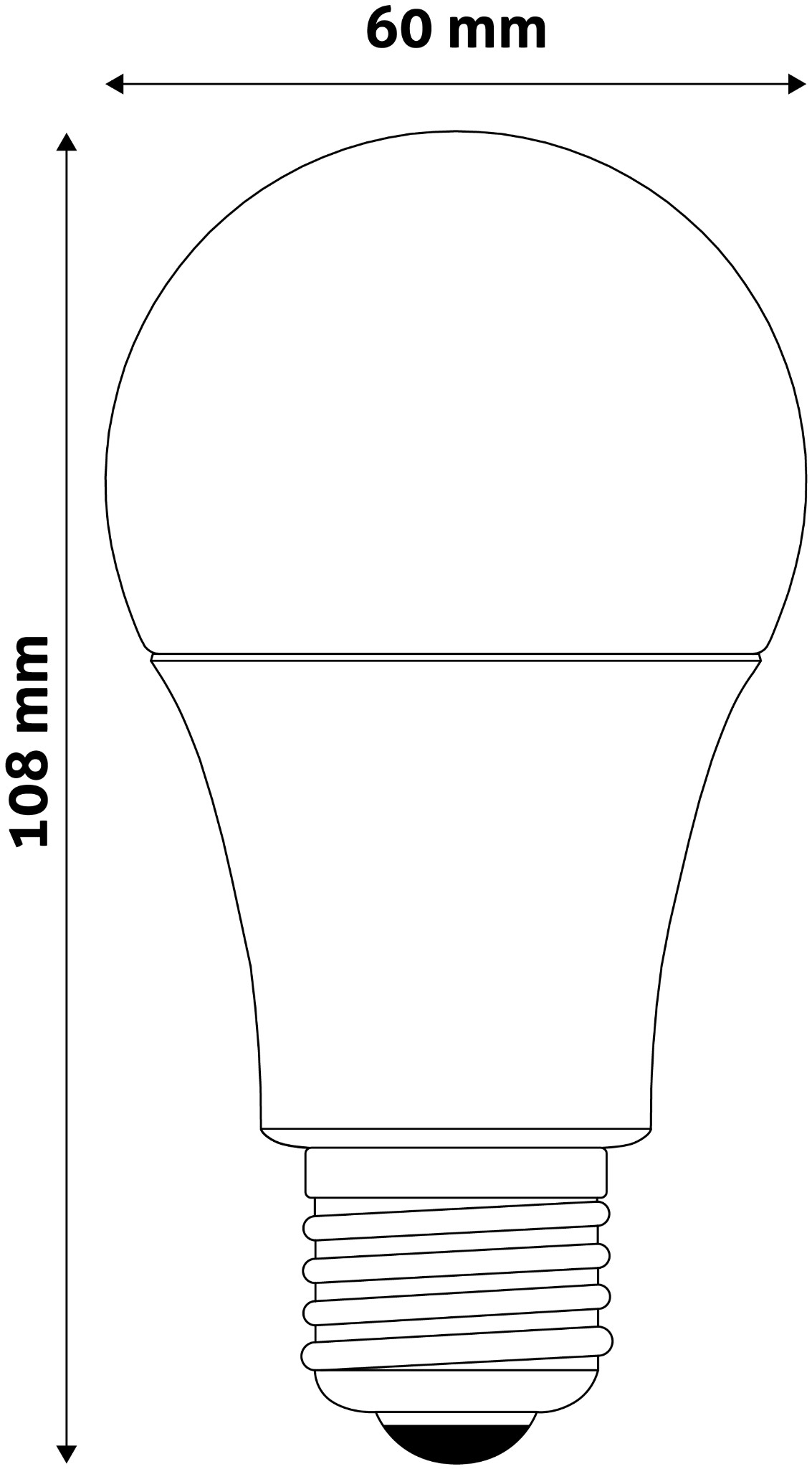Egy izzó vonalrajza. Az izzó 108 mm magas és 60 mm széles. Kerek teteje és menetes alapja van.