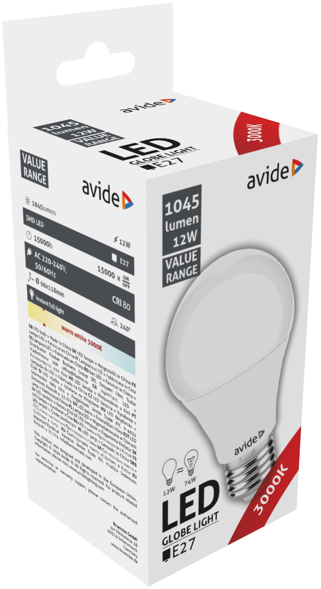 Egy fehér Avide LED gömblámpa doboz. Megjeleníti az izzó specifikációit, beleértve az 1045 lumen, 12W és 3000K.