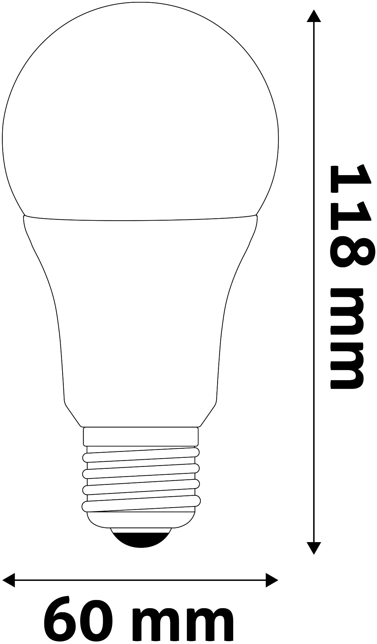 Egy izzó vonalas rajza méretekkel. 60 mm széles és 118 mm magas. Az izzó fehér, az alap fekete.