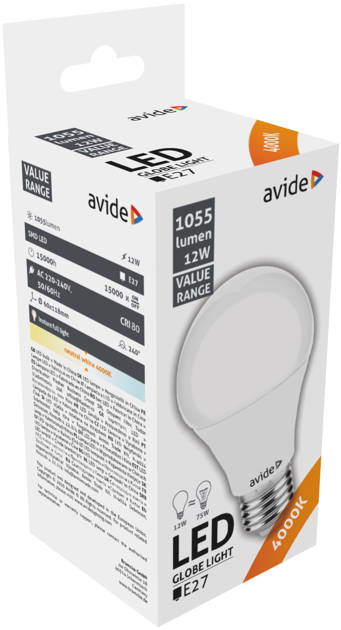 Fehér LED gömblámpa dobozban. A szöveg a 'LED Globe Light E27', '4000K' és '12W' feliratokat tartalmazza.