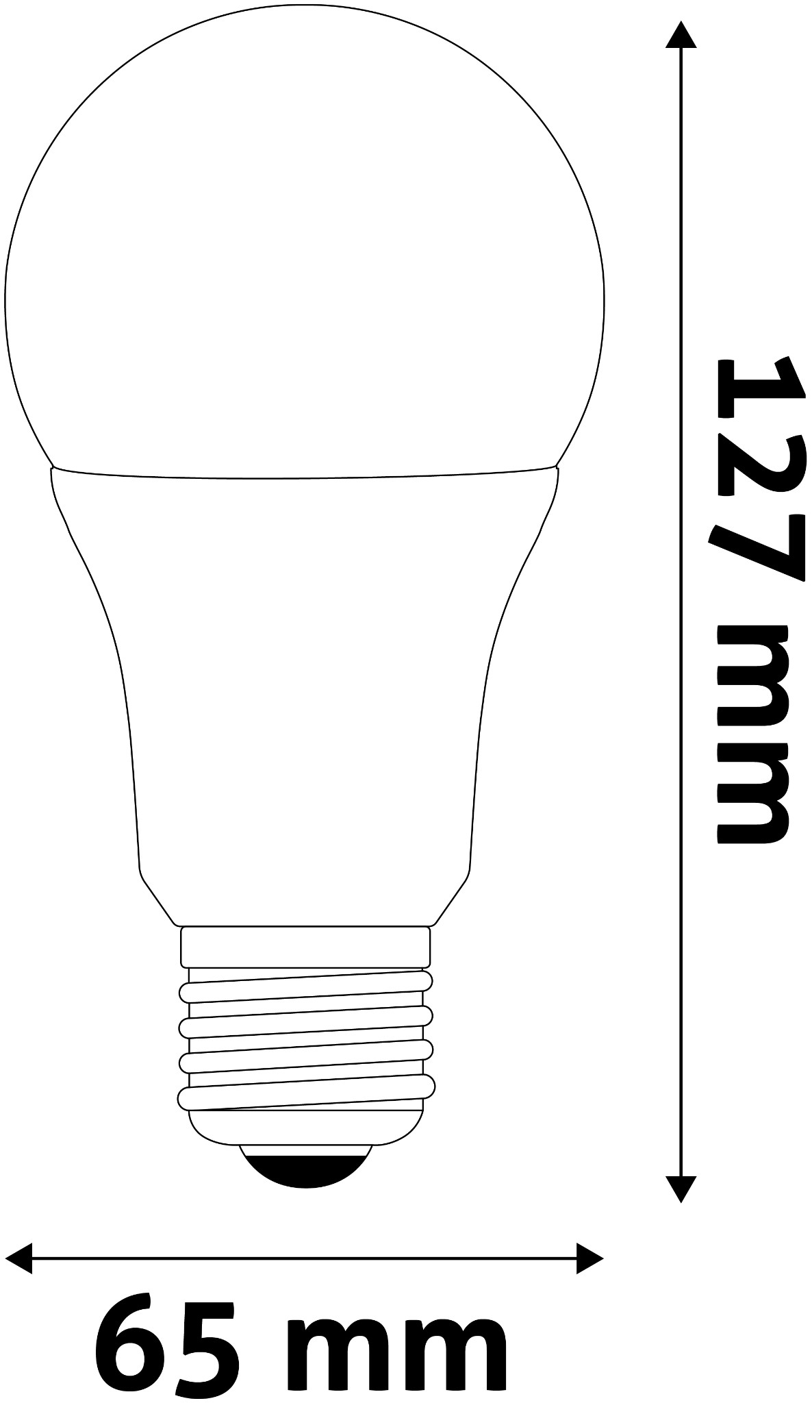 LED izzó diagramja, méretekkel: 127 mm magas, 65 mm széles. Fekete körvonal fehér háttéren.