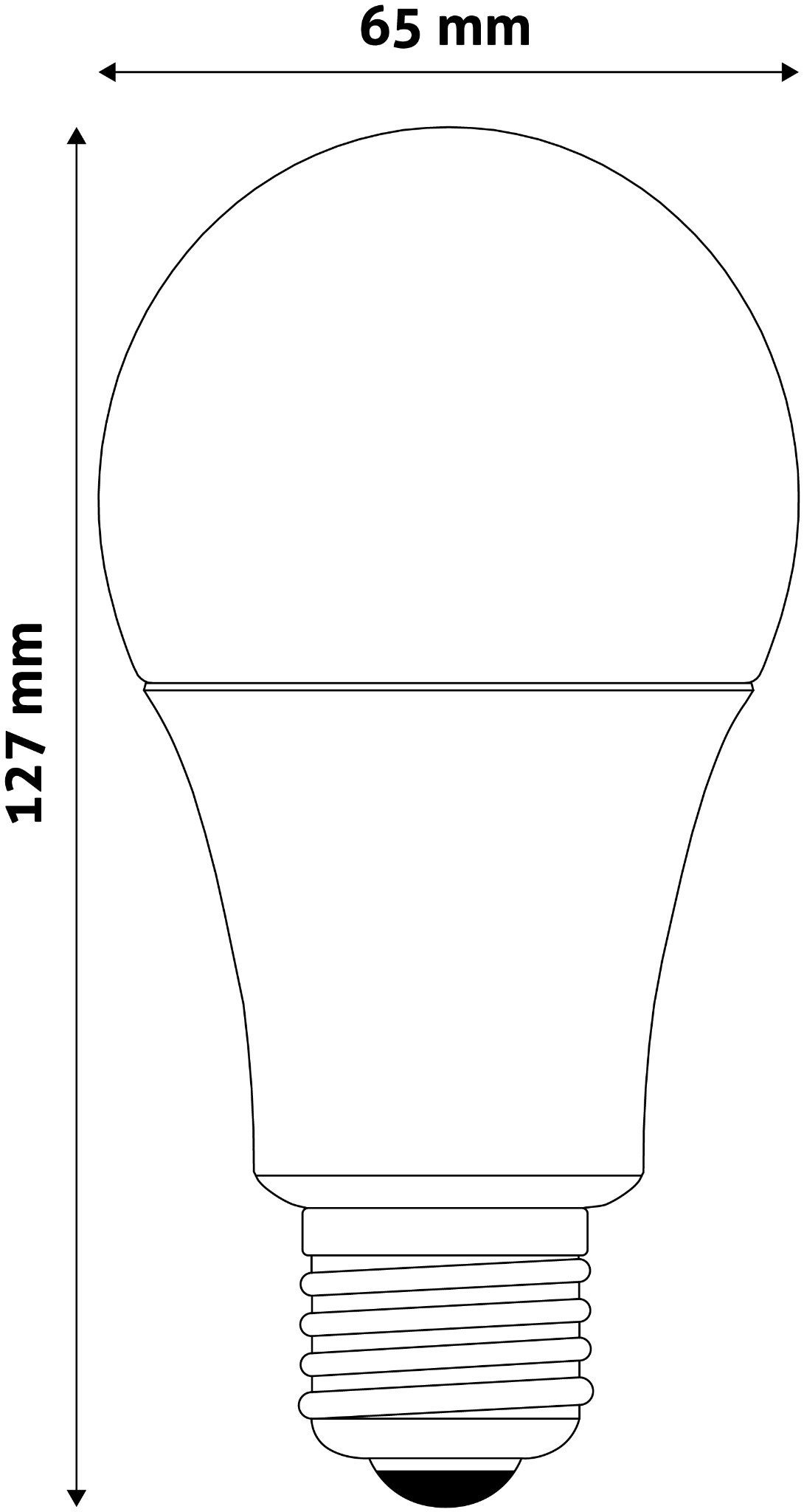 Egy villanykörte sematikus rajza. 65 mm széles és 127 mm magas méreteket mutat.