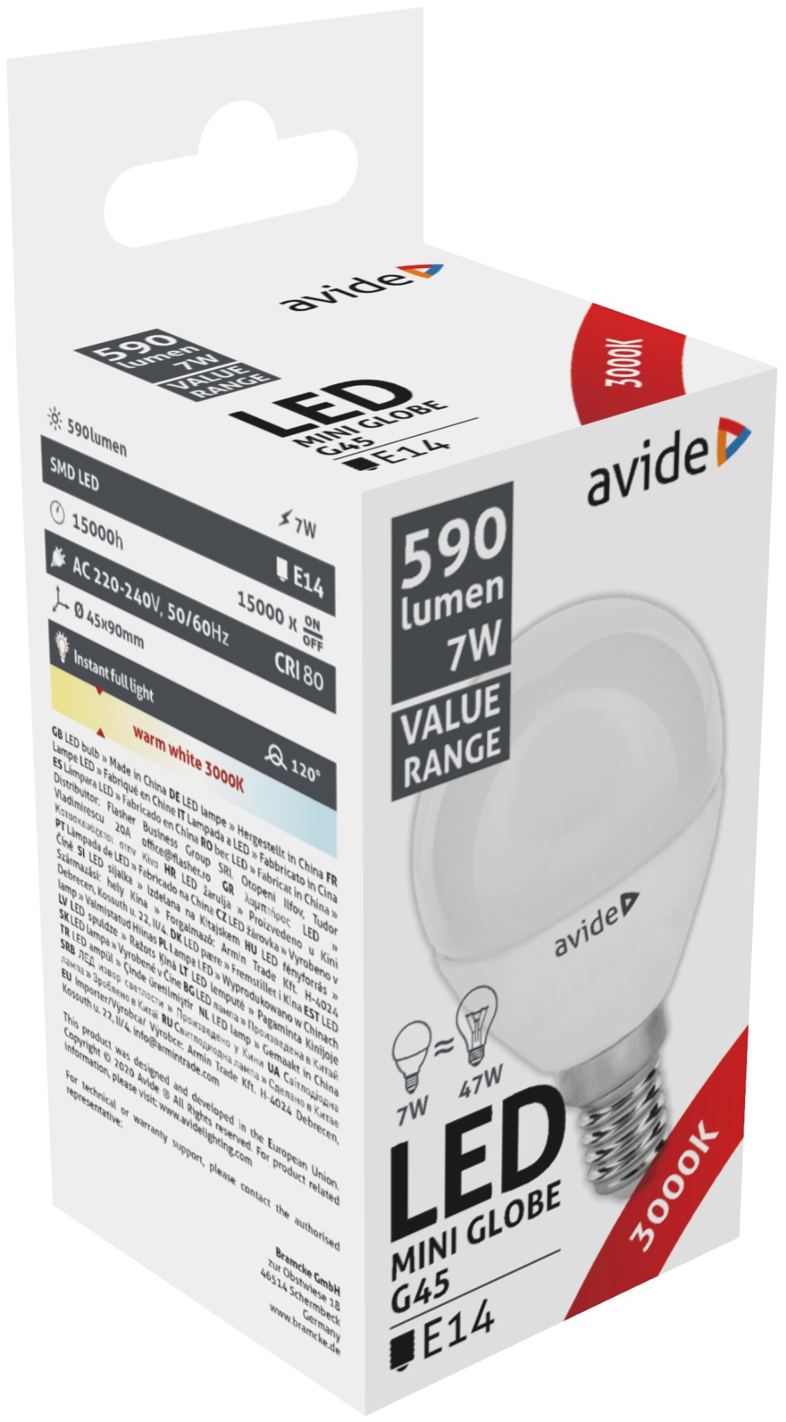 Egy fehér LED mini gömb izzó doboza. Olyan információkat jelenít meg, mint az 590 lumen, a 7W és az 'avide' márka.
