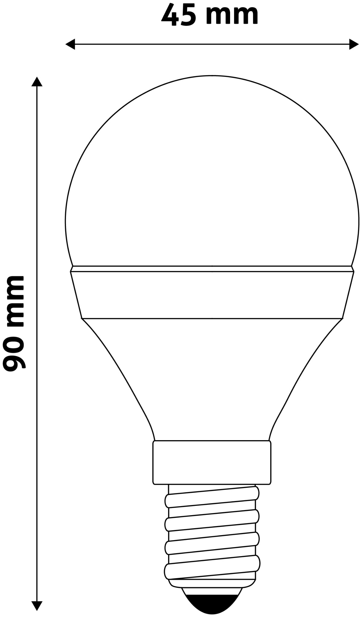 LED-izzó vonalrajza. Méretek: 90 mm magas, 45 mm széles. Részletek: izzó alakja, csavaros foglalat, méretek.