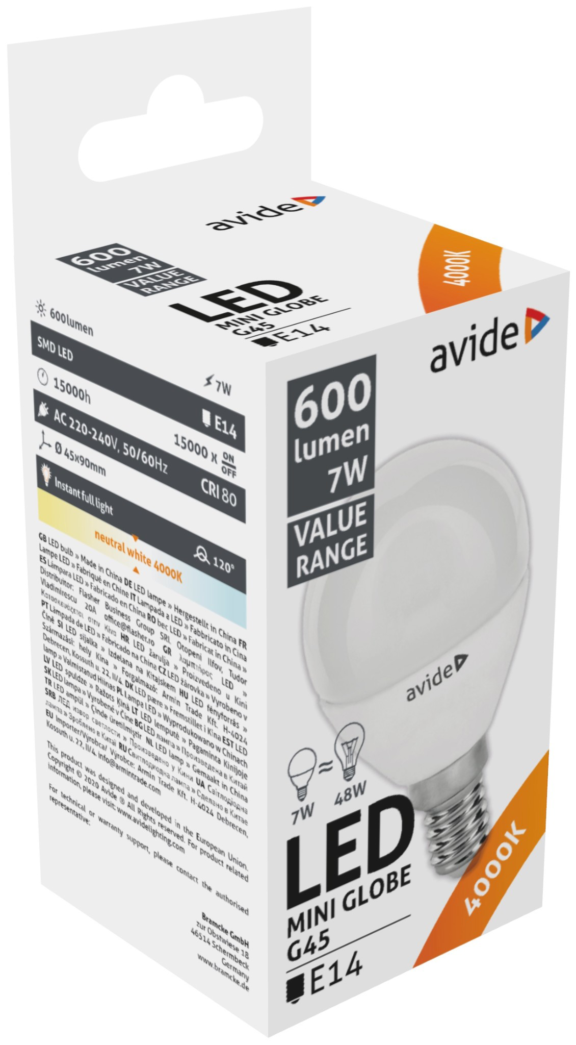Doboz egy Avide LED mini gömb G45 E14 izzóhoz. 600 lumen, 7W és 4000K semleges fehér fényt kínál.