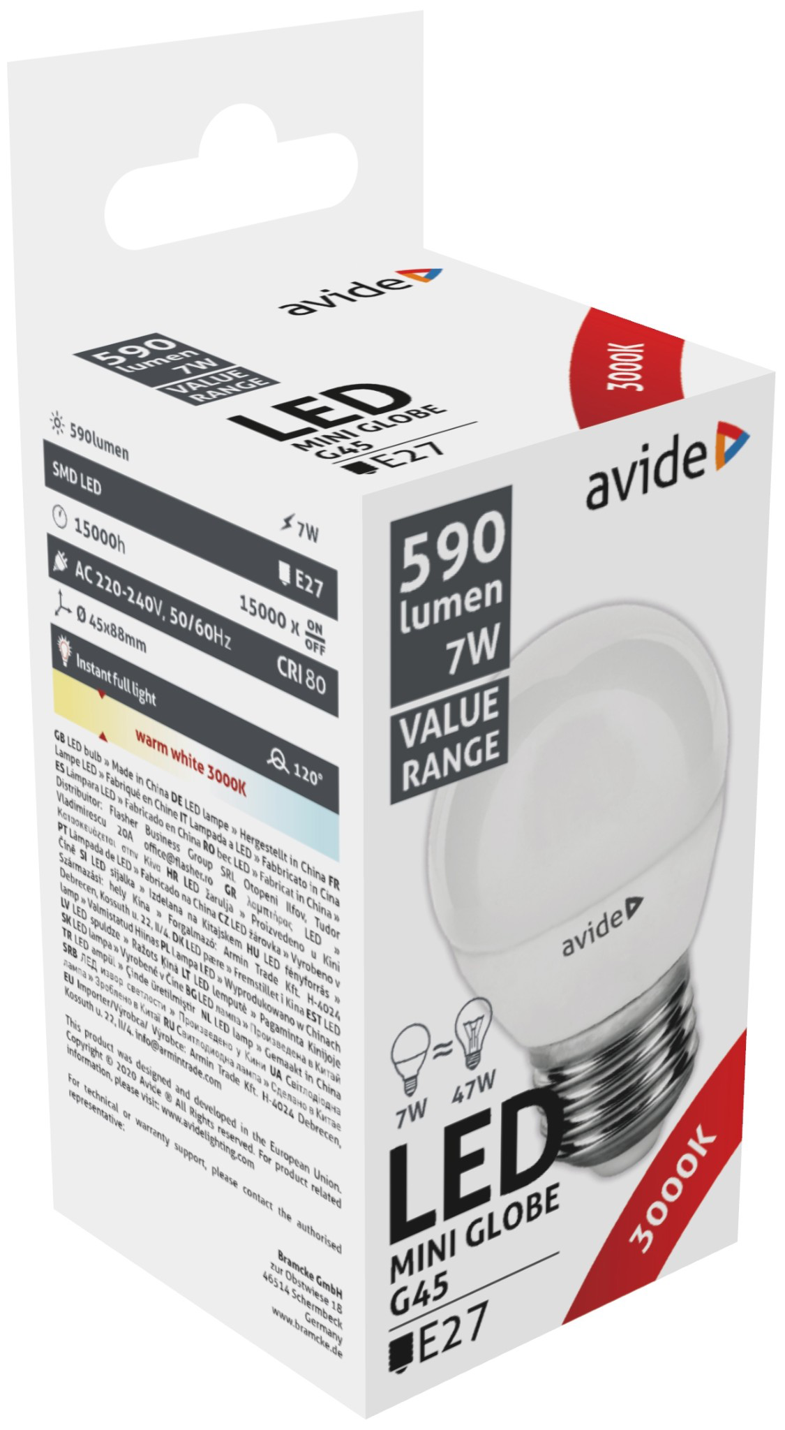 Avide LED mini globe G45 E27 izzó doboza, műszaki adatokkal és márkajelzésekkel.