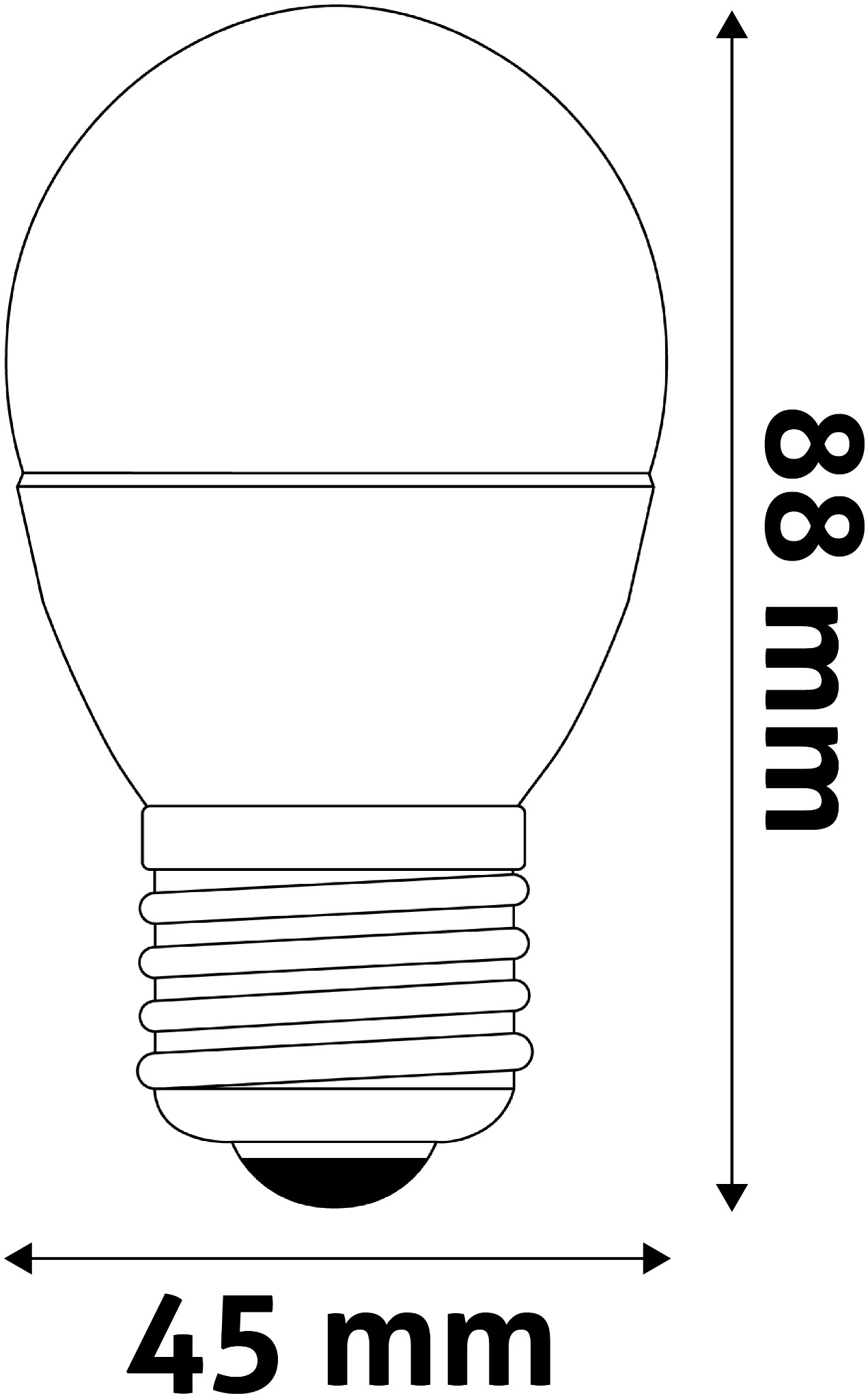 Egy fekete-fehér diagram egy LED-es izzóról. 88 mm magas és 45 mm széles. A méretek fel vannak tüntetve.