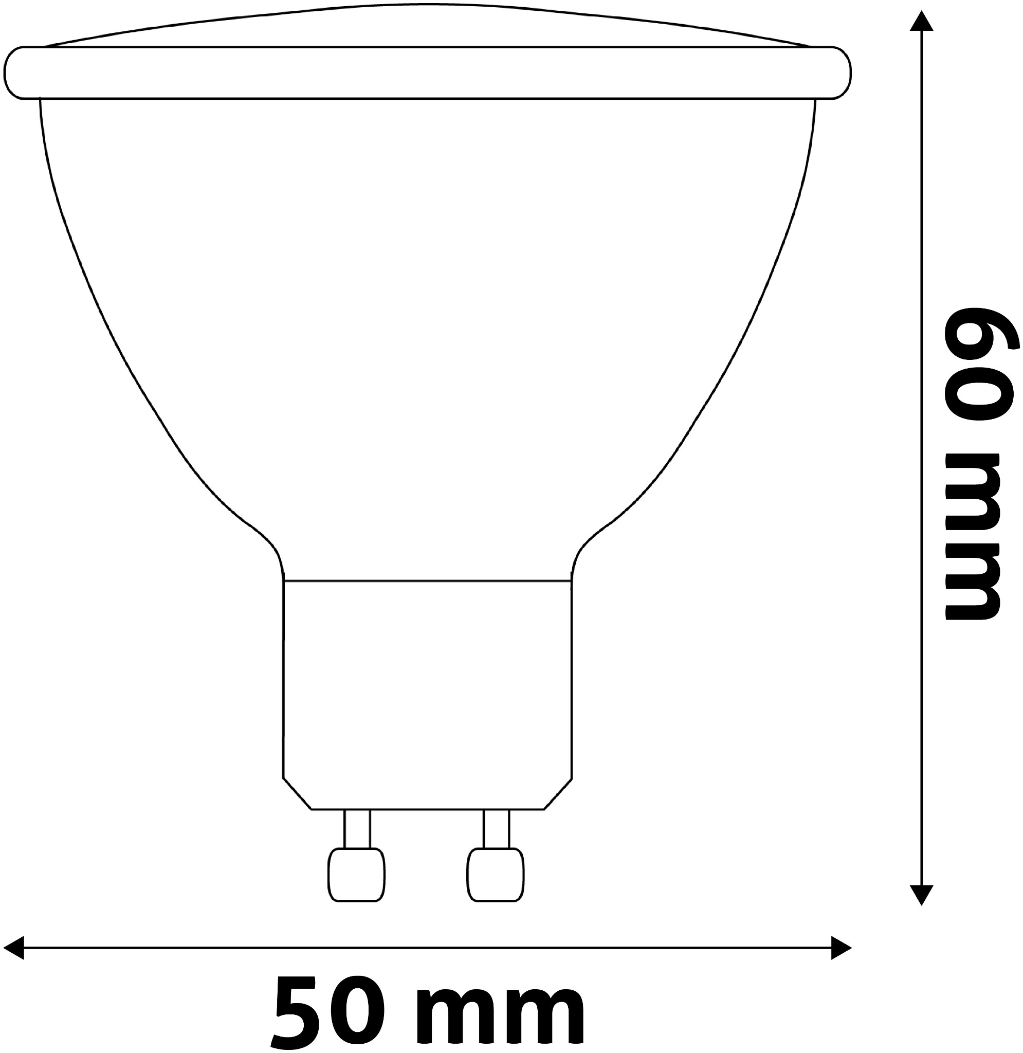 Egy fekete-fehér diagram egy villanykörtéről. A méretek 50 mm szélesek és 60 mm magasak.